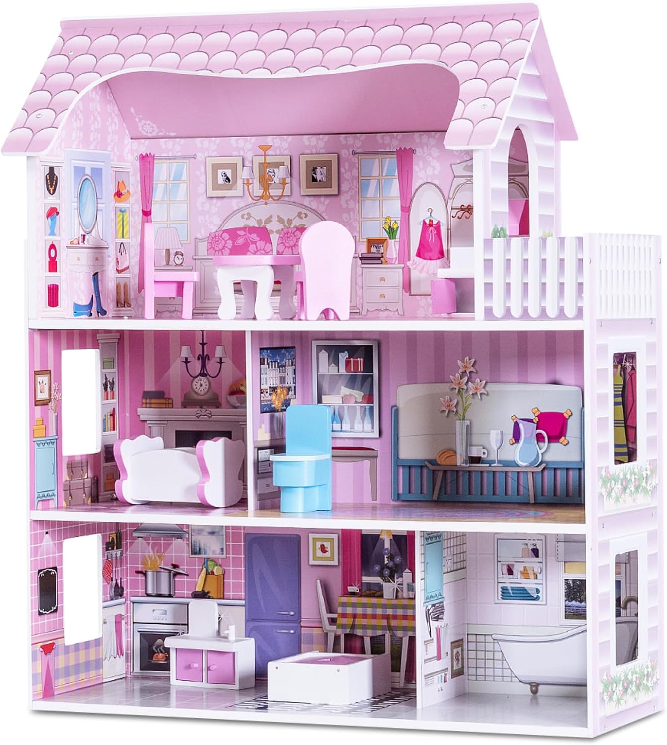 GYMAX Kids Dollhouse, 3-Storey Wooden Dolls House with 5 Simulated Rooms & Furniture Accessories, Large Pink Doll House for 3 Years Old+ Girls Boys (62x27x70cm)
