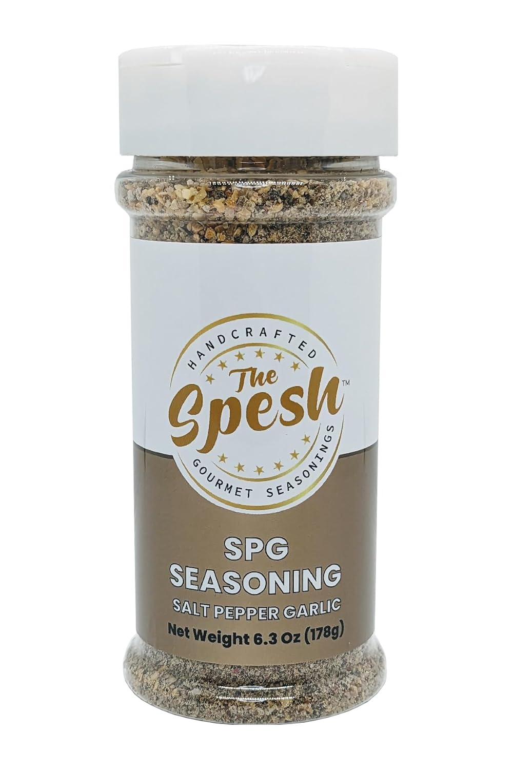 The Spesh - SPG Seasoning 6.3oz - A gourmet Garlic, Salt, Pepper Seasoning made with California Garlic and the Original Spesh Blend Gourmet Mix of 12 Salts and Peppers.