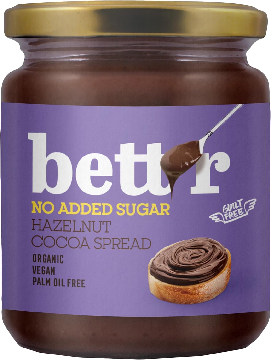 Bett’r Hazelnut Cocoa Cream Without Added Sugar - 100% Organic, Vegan and Palm Oil Free - 250g