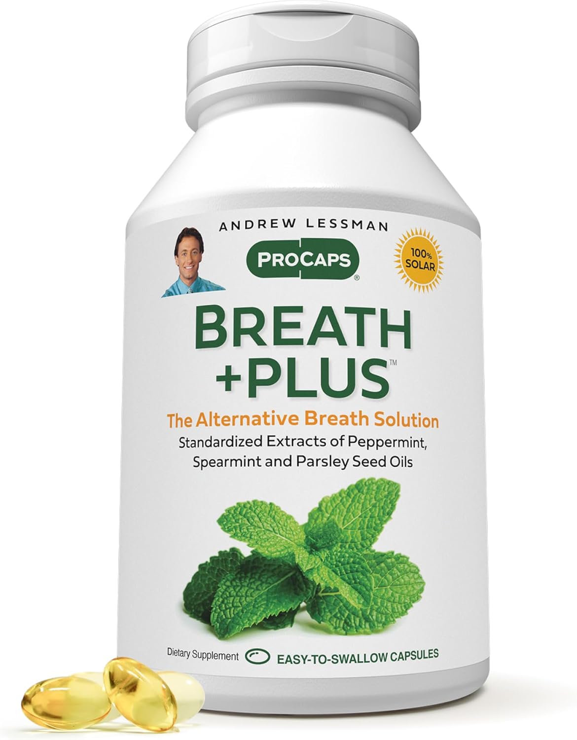 ANDREW LESSMAN Breath Plus 60 Softgels - Natural Breath Freshener, Helps Eliminate Odors from Food, Smoking, Morning Breath from The Inside Out. Peppermint, Spearmint. Easy to Swallow Softgels