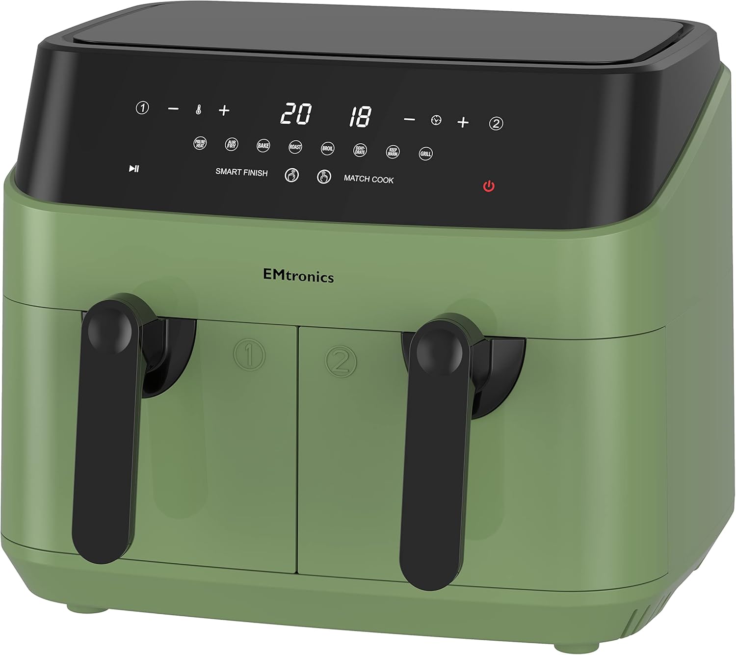 EMtronics EMAFDD9LSG Dual Air Fryer Extra Large Family Size Double XL 9 Litre 8 Adjustable Pre-Set Menus for Oil Free & Low Fat Healthy Cooking, Easy Clean Metal Interior, 99-Minute Timer - Sage Green