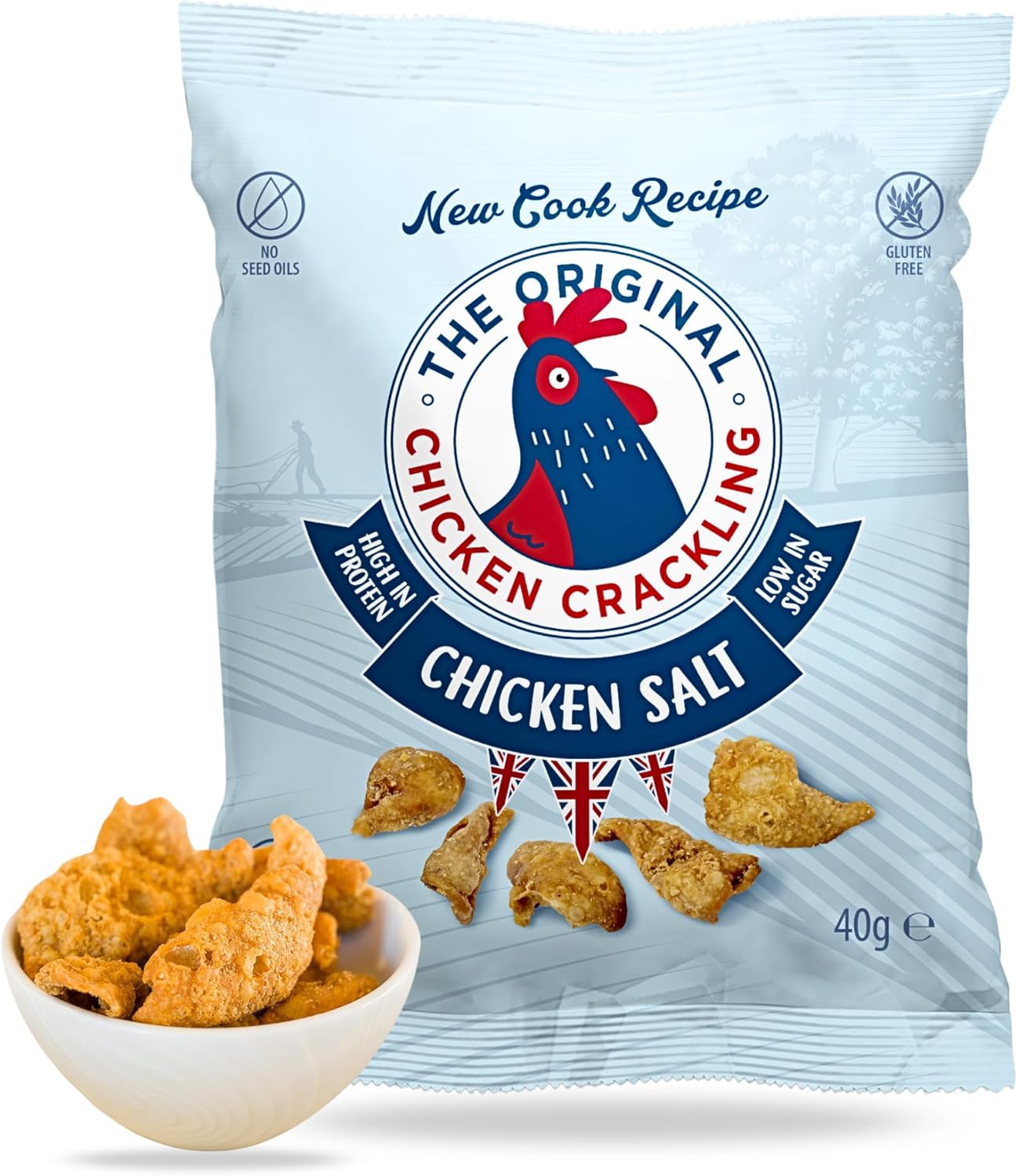 Chicken Crackling Hand Cooked Snack. NEW Double Cooked Recipe, Sea Salt Flavour. Low Carb, High Protein, Keto, Gluten Free Alternative to Pork Scratchings. 10x 40g Bags