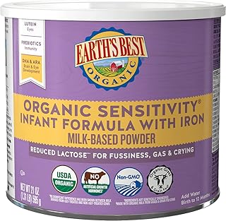 Earth's Best Organic Sensitive Baby Formula for Babies 0-12 Months, Reduced Lactose Powdered Infant Formula with Iron, Omega-3 DHA, and Omega-6 ARA, 21 oz Formula Container