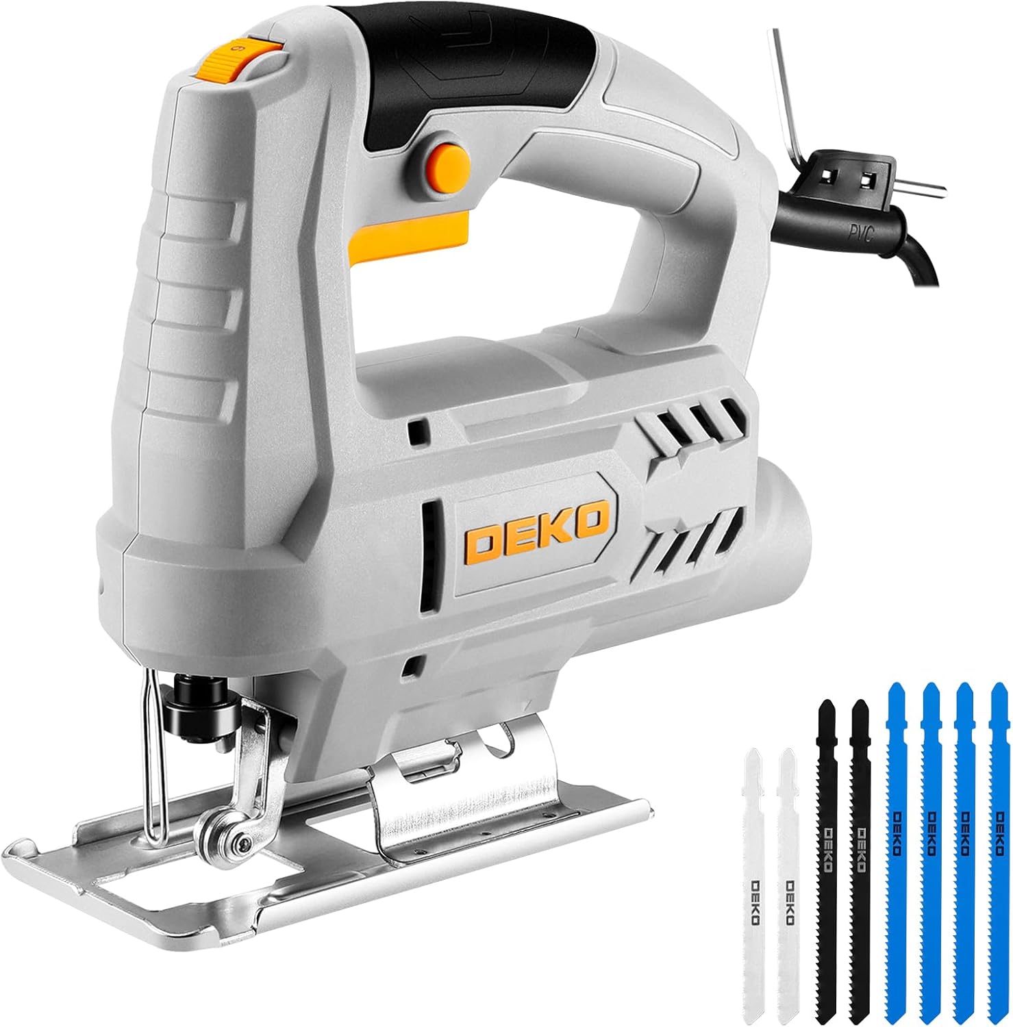 Electric Jigsaw Tool: DEKOPRO 400W Power Jig Saws Jigsaws Wood Cutter Machine, 6 Variable Speed 0-3000 SPM, ±45°Bevel Cutting Cut Blades, with 8 PCS Sawblades for Wood, Metal, Plastic