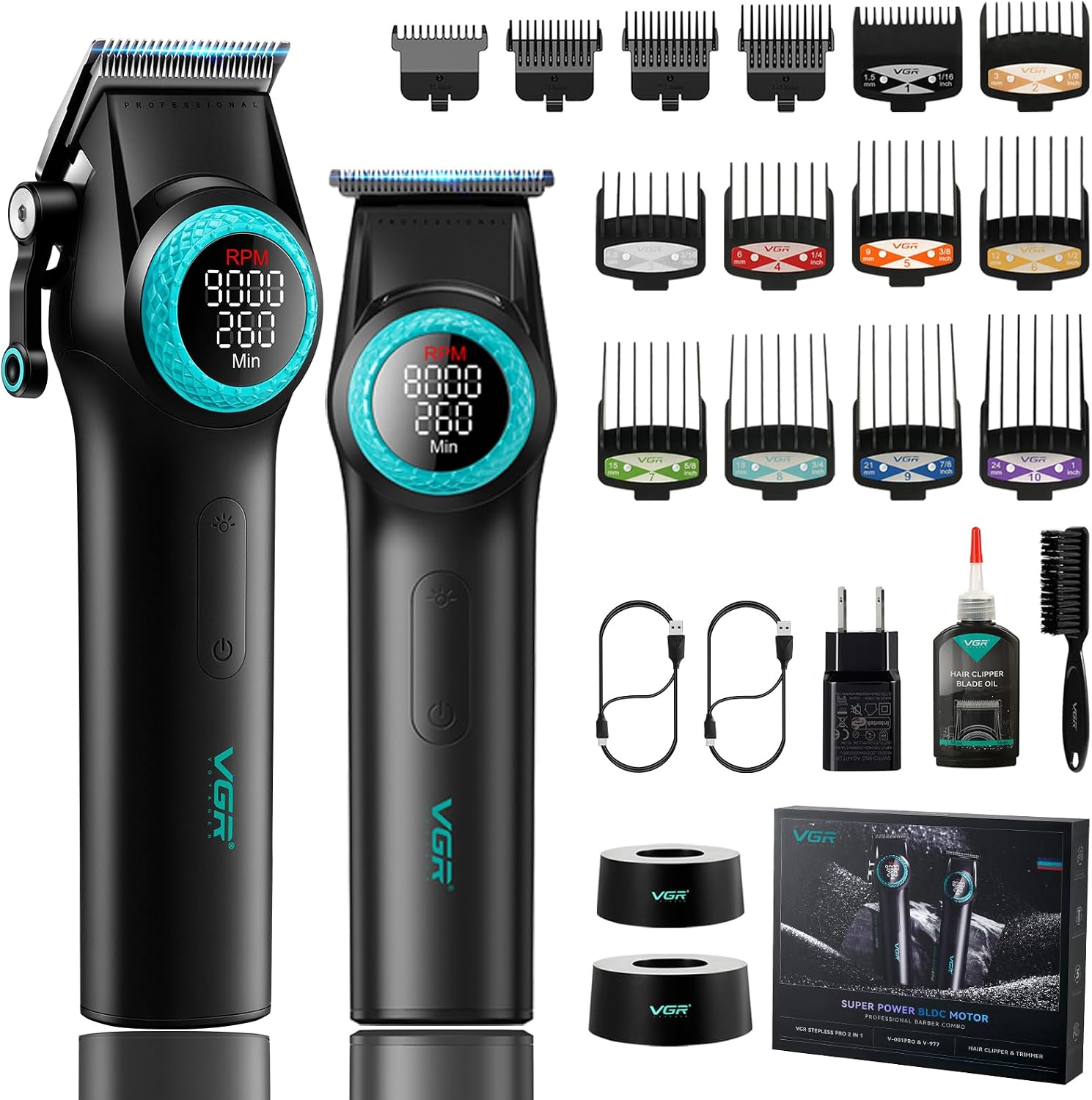 VGR 001 & 977 Hair Clipper and Trimmer Set for Men, DLC Blades, Black