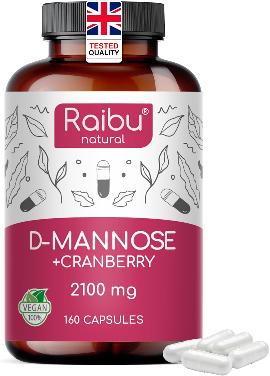 D Mannose 2100 mg Complex - High Strength D- Mannose with Cranberry & Vitamin C for Urinary Tract & Bladder Health - 160 Capsules, Raibu