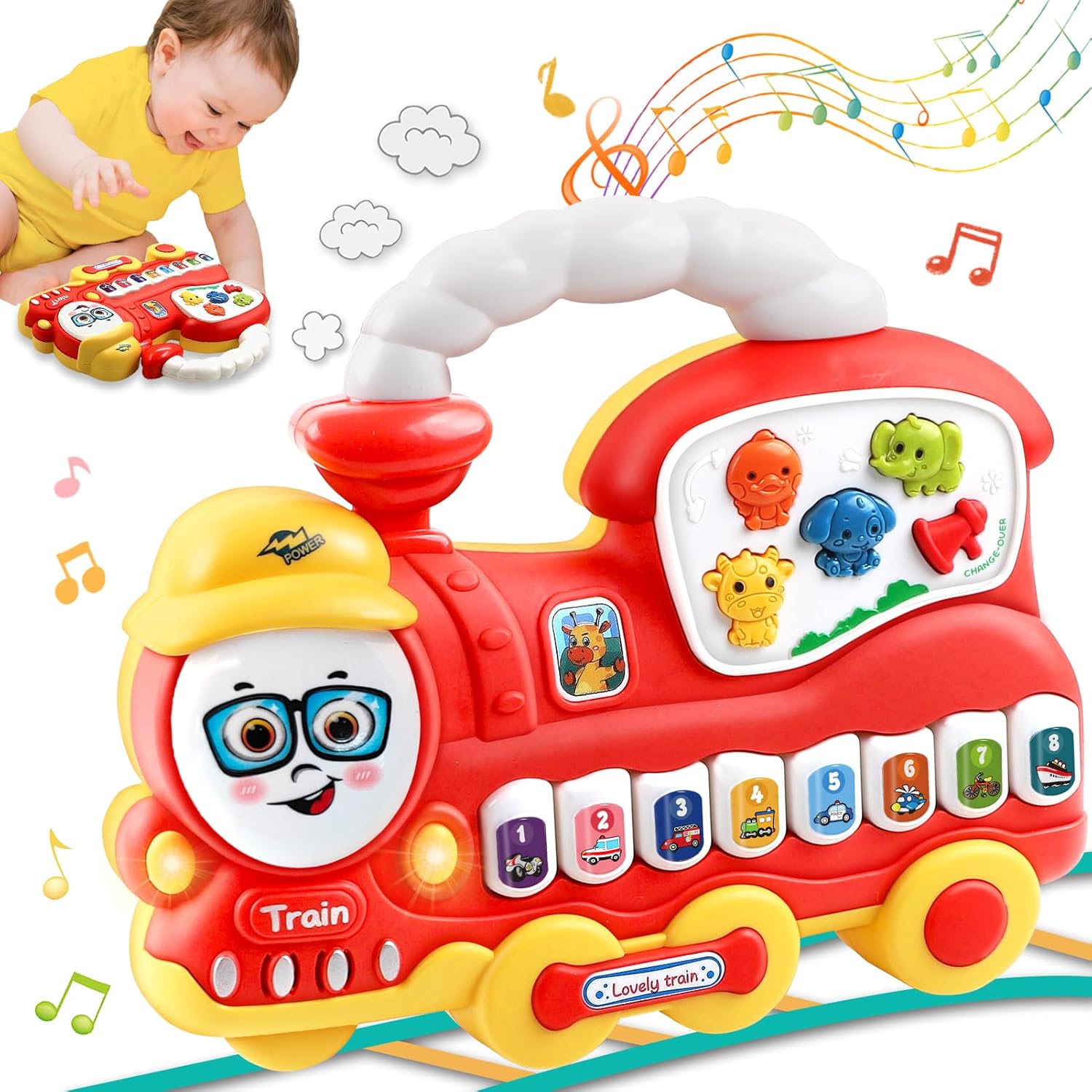 Baby Toys 6 to 12 Months Red Train Musical Piano Toys for 1 Year Old Boys Girls Sensory Early Learning Piano Keyboard Light Up Infant Gifts Toy for 6 9 12 18 Months Toddler Kids Christmas Birthday