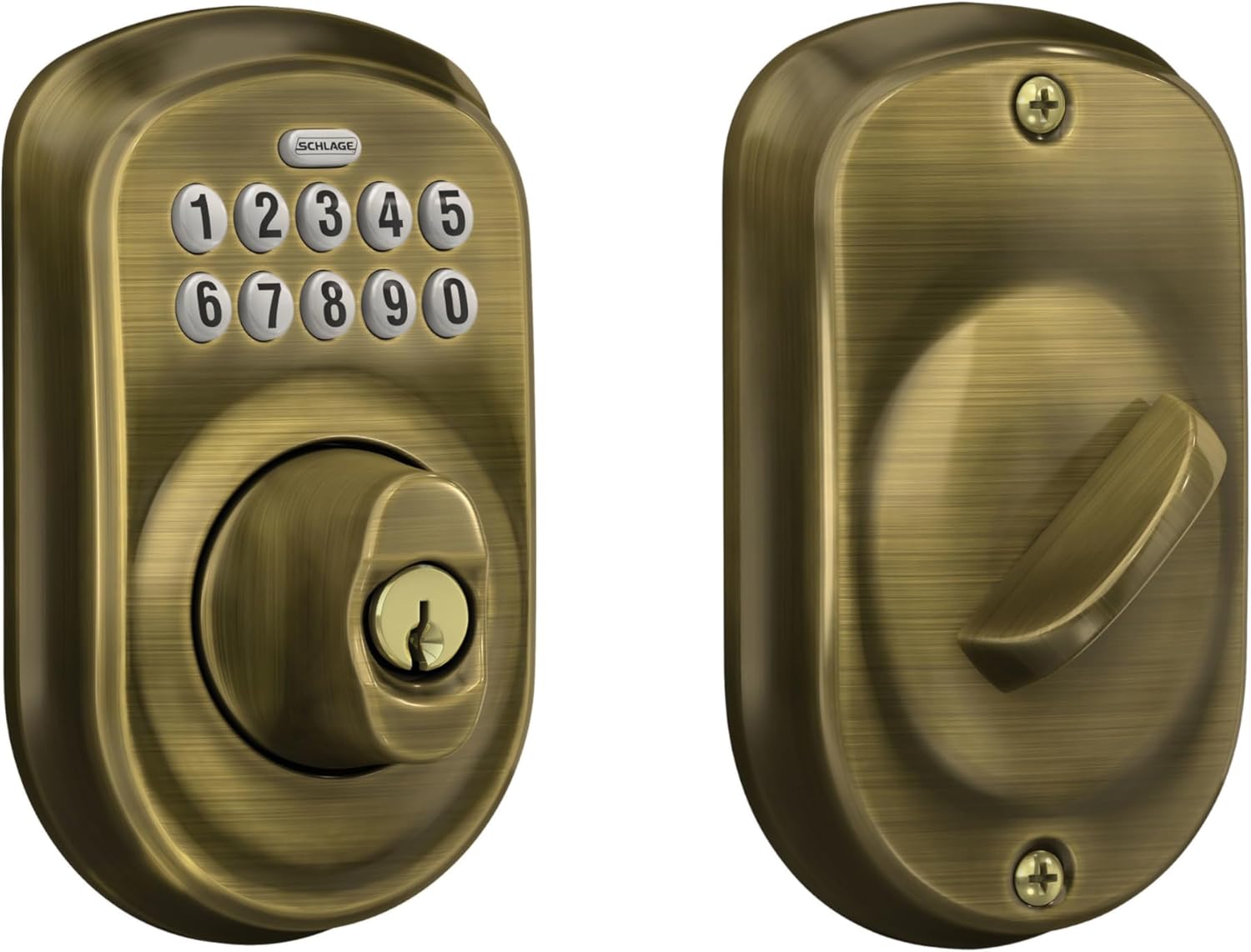 Schlage BE365 V PLY 609 Plymouth Keypad Deadbolt, Electronic Keyless Entry Lock, Antique Brass