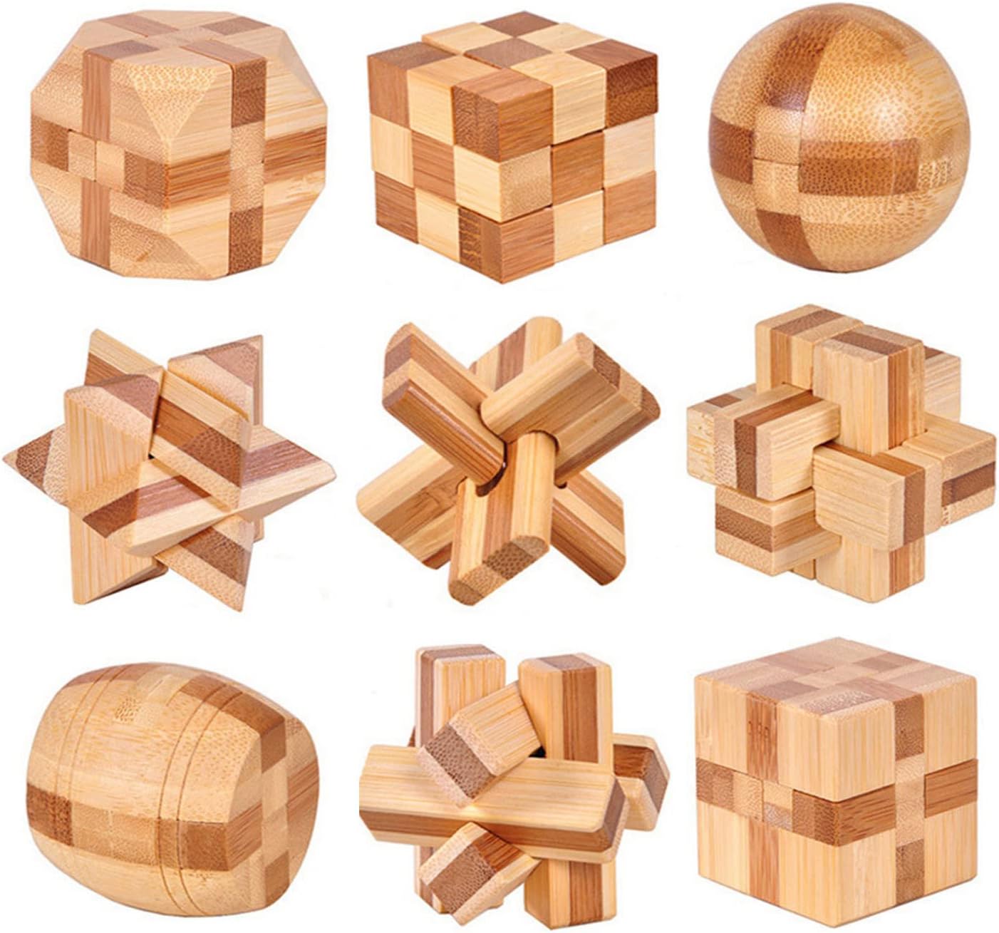 Holzsammlung Set of 9 3D Wooden Brain Teaser Puzzles, IQ Challenge Puzzle Games, Small Logic Mind Puzzle Box Toy Removing Assembling Lock Puzzle Gift Set for Adults Teenagers Kids, 1.8inch 4.5cm