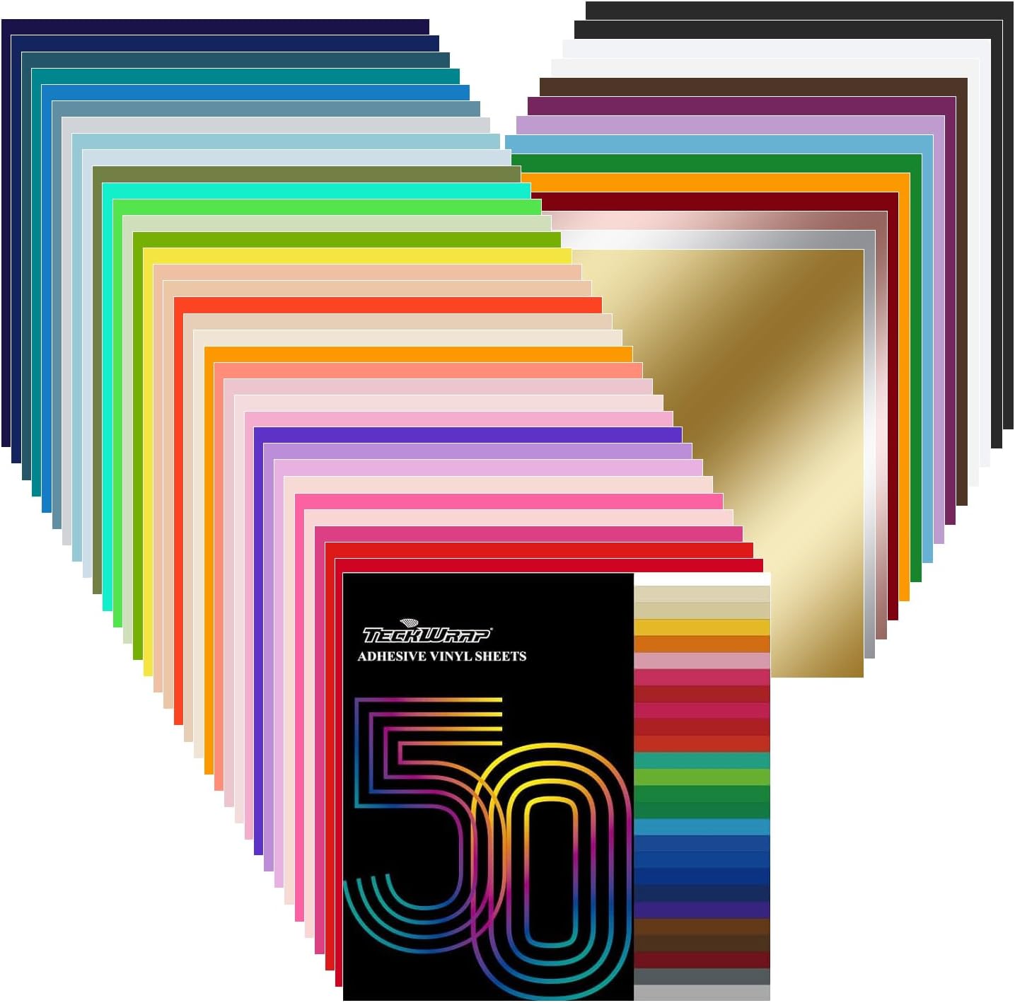TECKWRAP 50 Pack 12" x 12" Permanent Adhesive Vinyl Sheets 48 Assorted Colors (Glossy & Matte) with 2 Transfer Tape for DIY Crafting, Decor Sticker Compatible with Cutting Machines