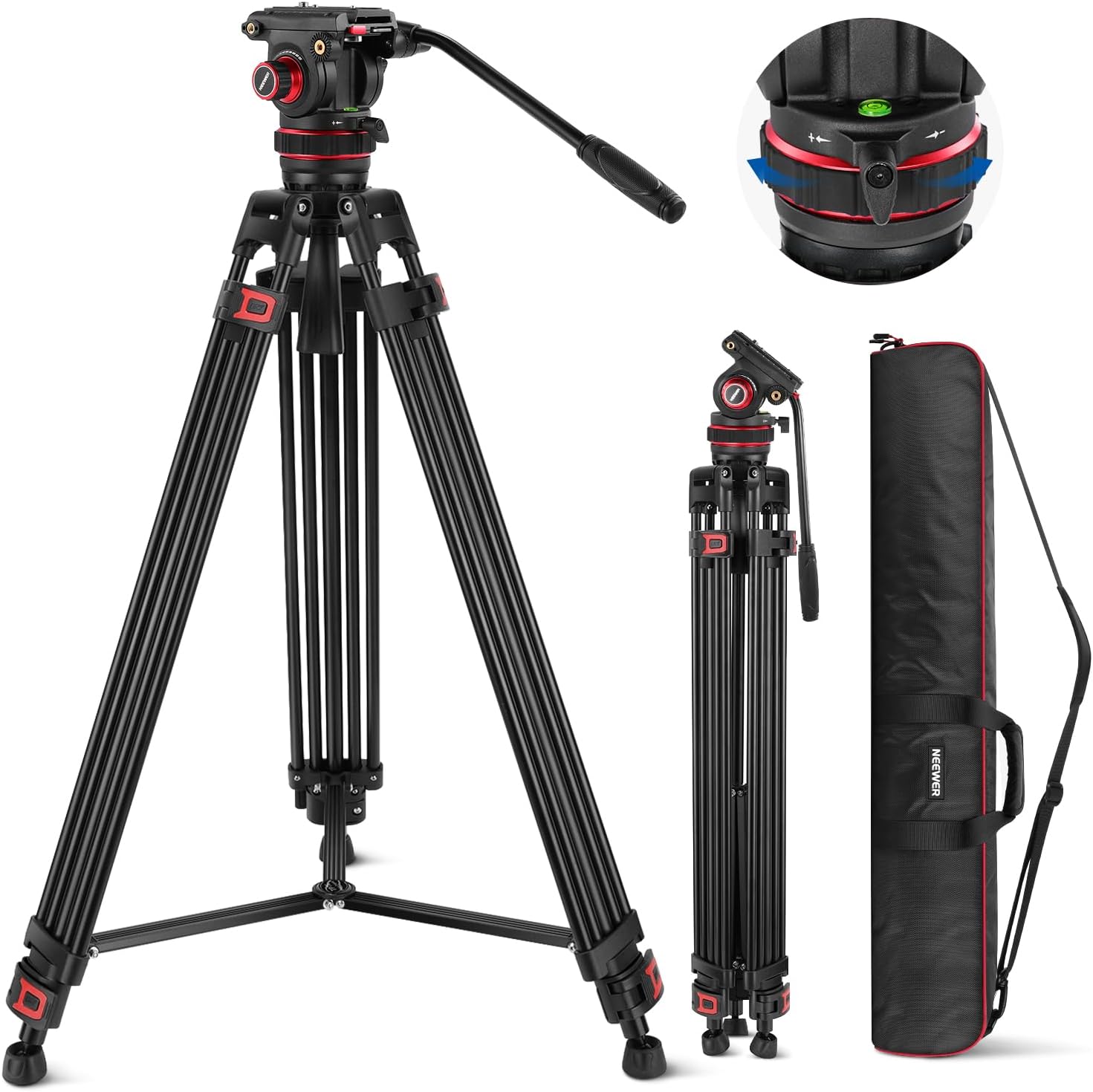 NEEWER 74" Video Tripod with Adjustable Damping Fluid Head, Metal Heavy Duty Dual-Mode QR Plate Compatible with DJI RS Gimbals, Flexible 360° Pan&+90°/-75° Tilt, Max Load 22lb/10kg, TP75