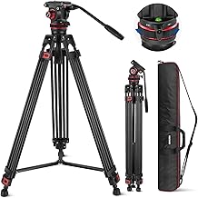NEEWER 74" Video Tripod with Adjustable Damping Fluid Head, Metal Heavy Duty Dual-Mode QR Plate, Flexible 360° Pan&+90°/-75° Tilt, Max Load 22lb/10kg, TP75