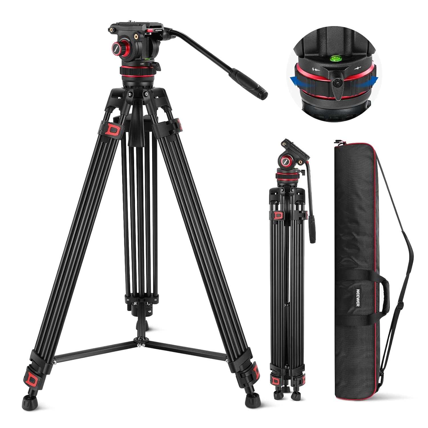 NEEWER 74" Video Tripod with Adjustable Damping Fluid Head, Metal Heavy Duty Dual-Mode QR Plate, Flexible 360° Pan&+90°/-75° Tilt, Max Load 22lb/10kg, TP75