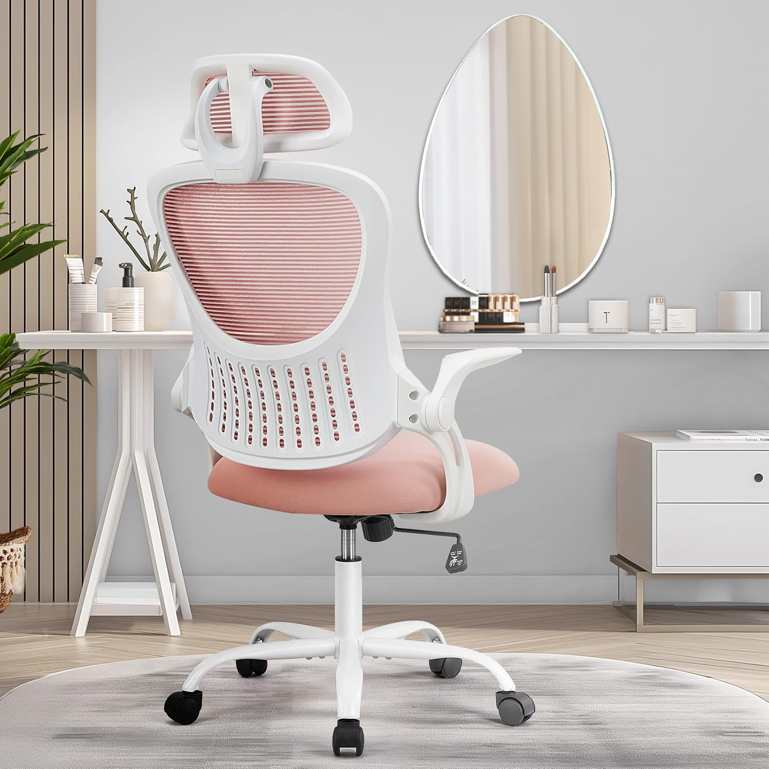 Smug Office Desk Chair - Ergonomic High Back Computer Task Chair with Comfy Lumbar Support and Adjustable Headest, 360° Swivel, Flip-up Armrest for Home, Bedroom, Gaming, Study, Student, Pink