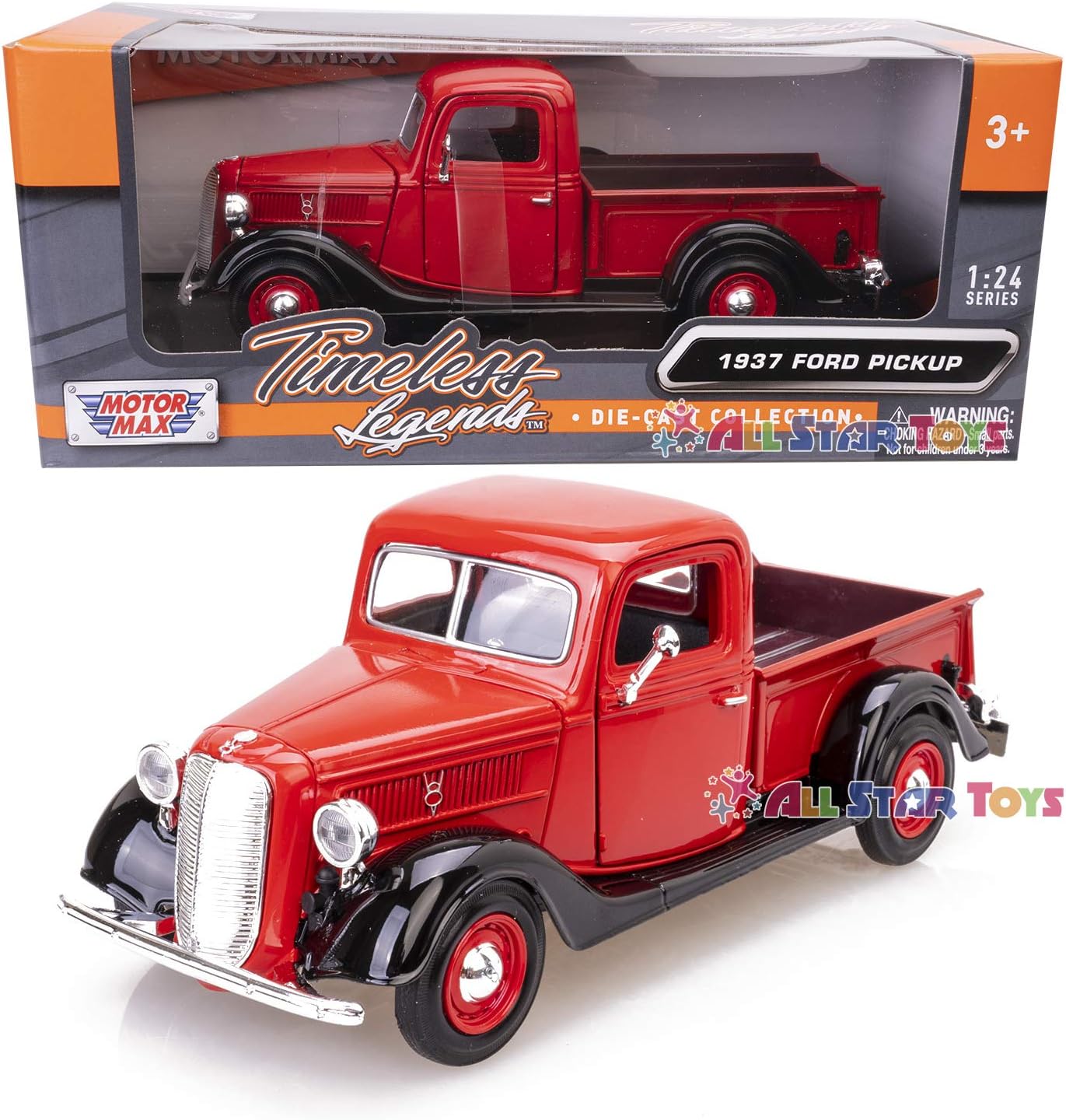 Motormax 1937 Ford Pick Up Truck, Red with Black 73233-1/24 Scale Diecast Model Car