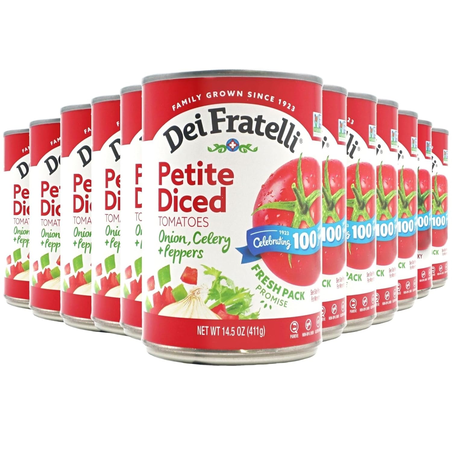 Dei Fratelli Petite Diced Tomatoes with Onion, Celery, and Peppers 14.5 oz. Cans, 12 pack) - Vine-Ripened – Non GMO, Gluten-Free