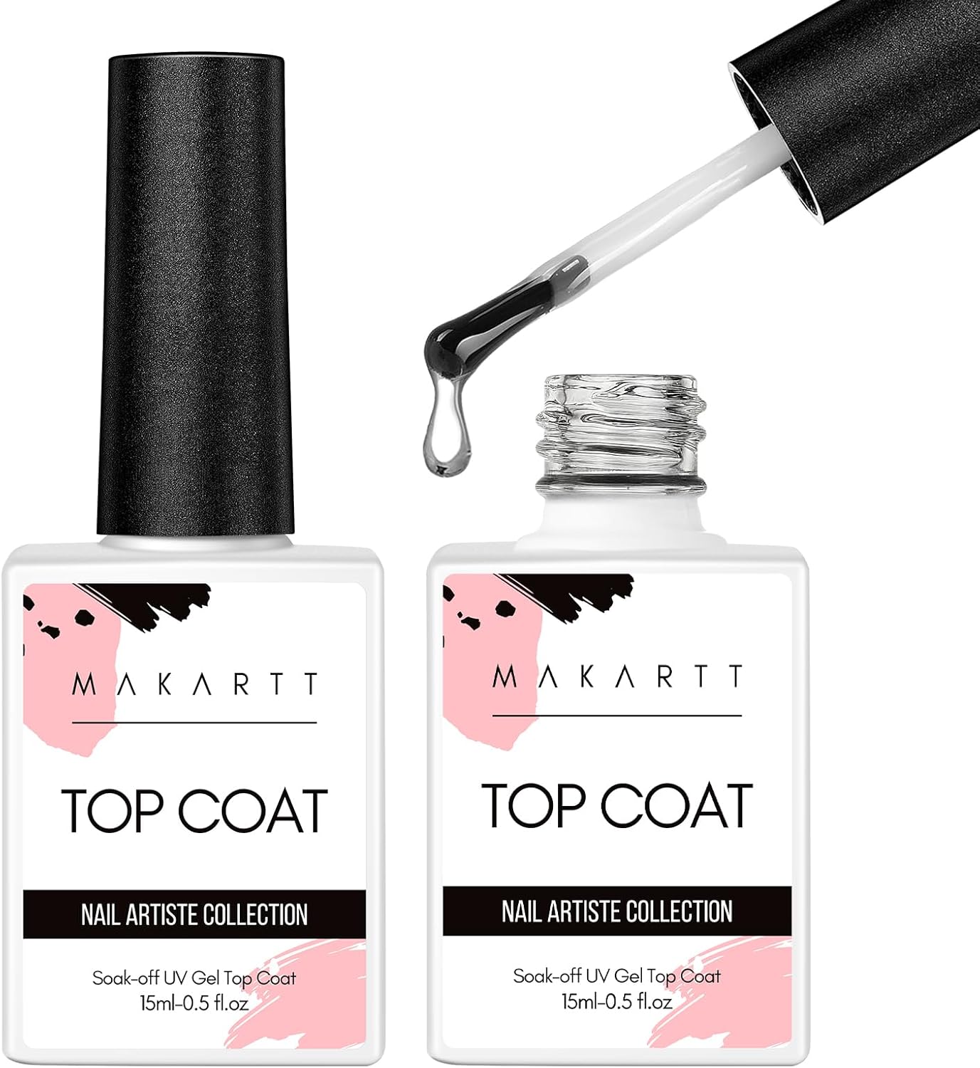 Makartt Gel Nail Polish Top Coat, No Wipe Gel Polish, 2 * 10ml Clear Soak Off Nail Coat Glossy Shine Finish for Long Lasting DIY Nail Salon Manicure Cure Needed
