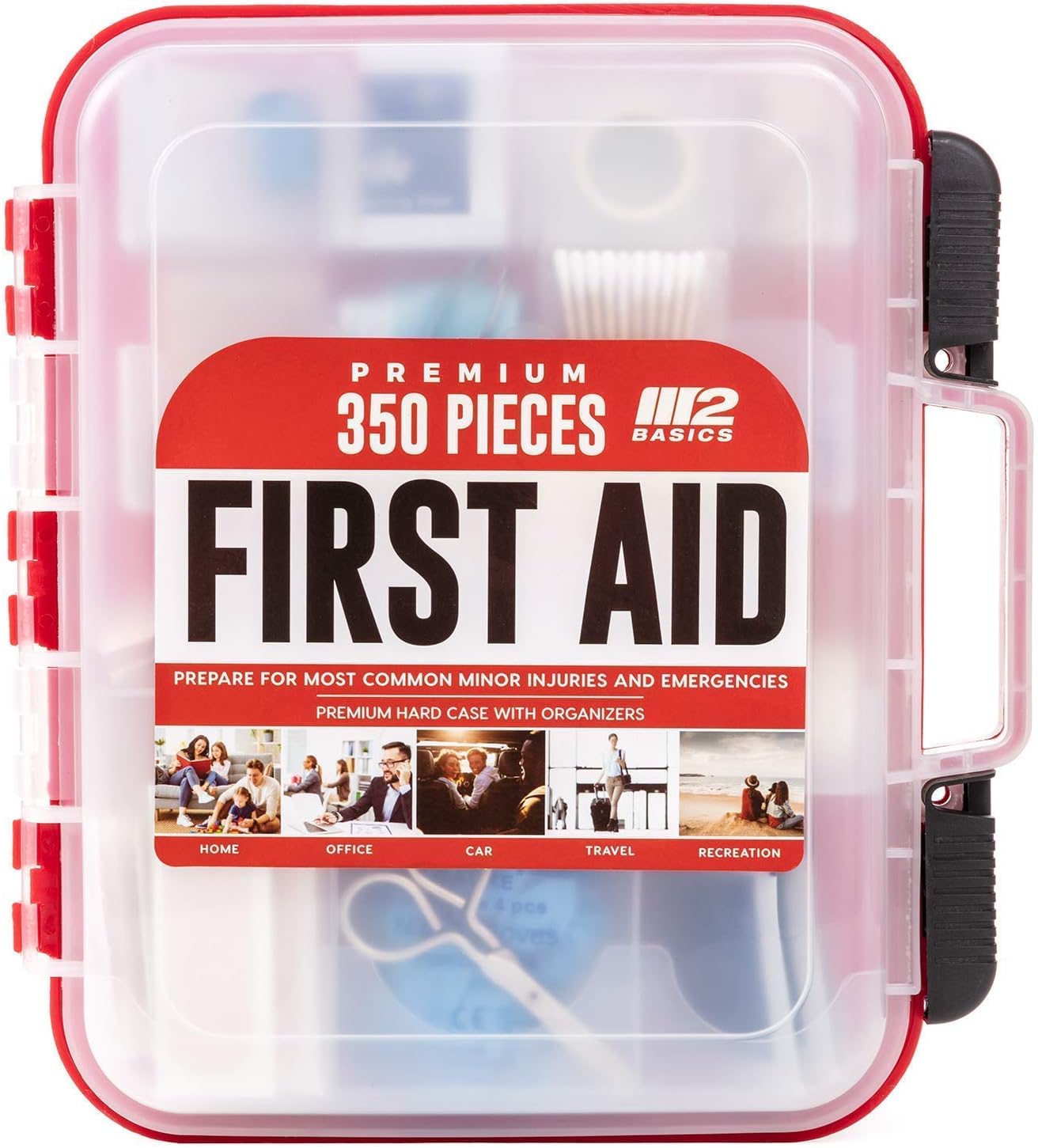 M2 BASICS Professional 350 Piece First Aid Kit | Business, Home, Car | Hard Case, Dual Layer, Wall Mountable | Emergency Kit, Emergency Medical Kit
