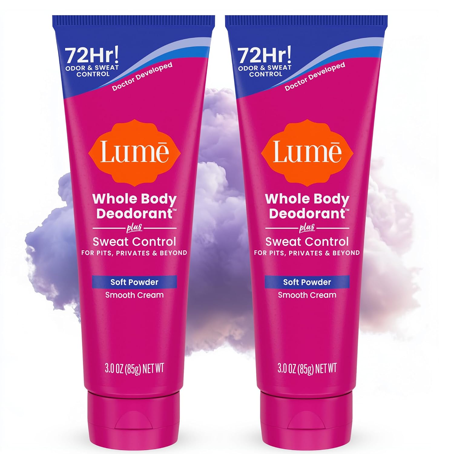 Lume Whole Body Sweat Control Deodorant Cream Tube - 3 oz, 2 pk Soft Powder | 72 Hour Odor Sweat Control Aluminum Free Baking Soda Paraben Made USA deodorant lotion