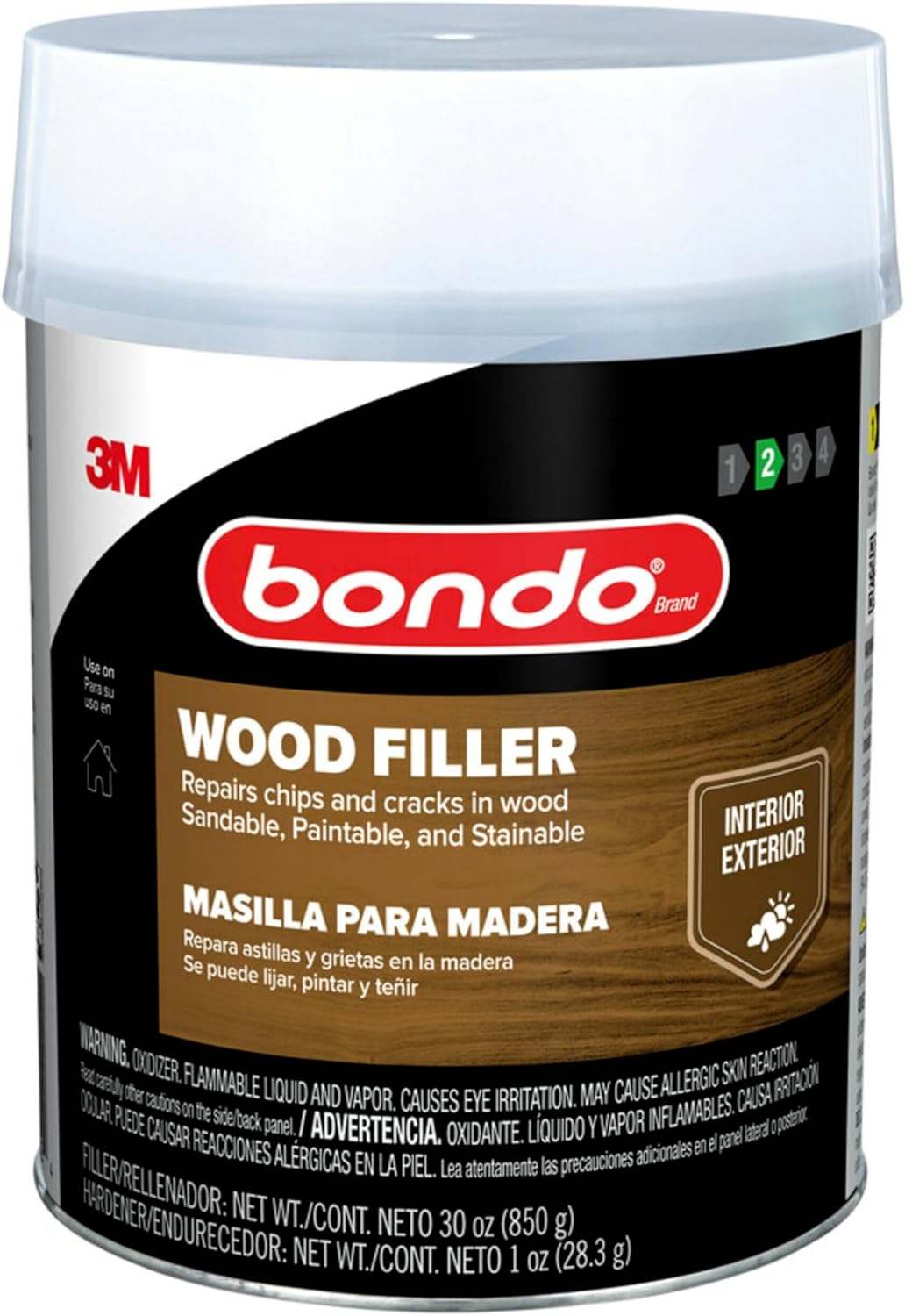 3M Bondo Wood Filler – 30 fl oz, High-Performance Two-Part Formula for Interior and Exterior Wood Repairs, Fast-Curing, Paintable, Stainable