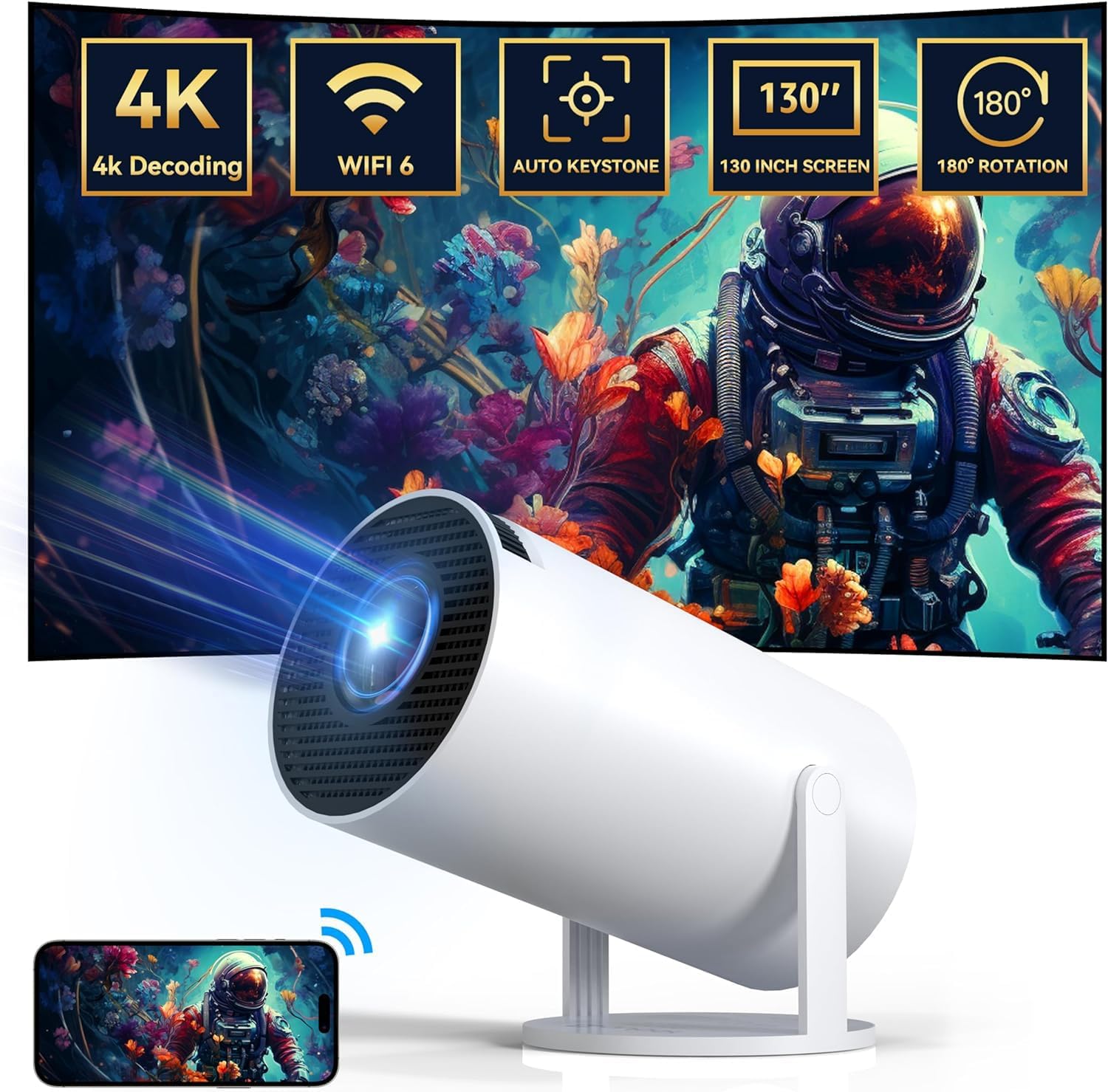 Mini Projector with 4K 1080 Support Portable Projector with 180° Rotation 130 inch Screen Movie Projector Auto Keystone Correction Compatible with Computer, Mobile Phone, Home Theatre Video Projector