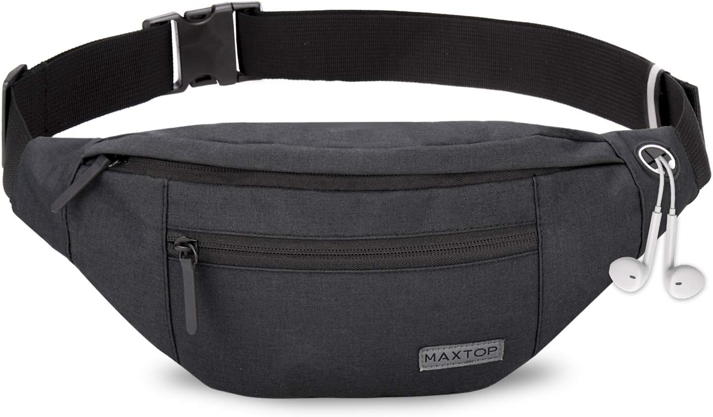 MAXTOP Bumbag Waist Fanny Pack Running Belt for Men Women Unisex Bum Bag with Headphone Jack and 4-Zipper Pockets Adjustable Belt for Outdoors Workout Hiking Gifts for Men Women