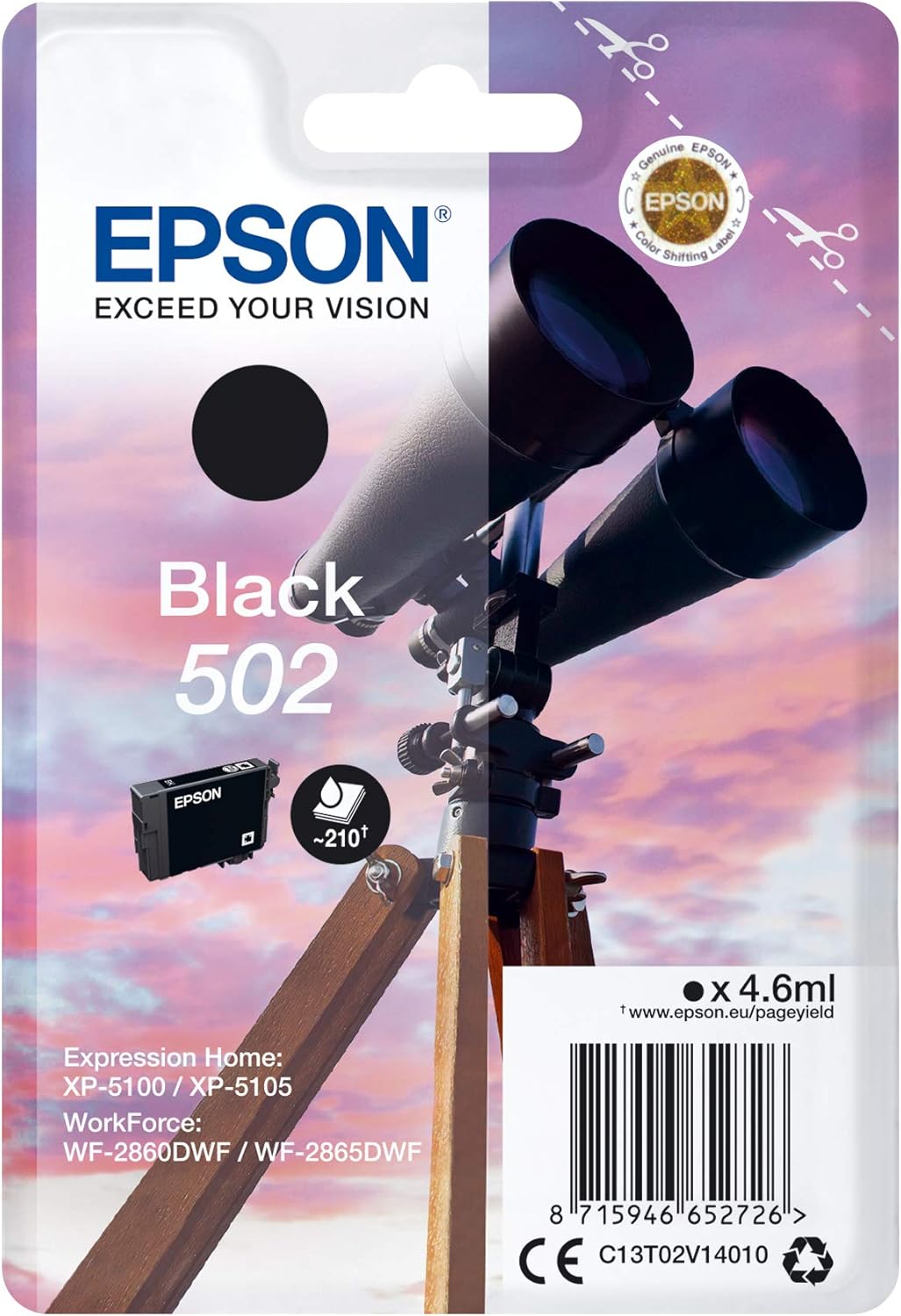 Epson 502 Binoculars Black, Original Ink Cartridge, XP-5100 XP-5105 XP-5150 XP-5155 WF-2860DWF WF-2865DWF WF-2880 WF-2885