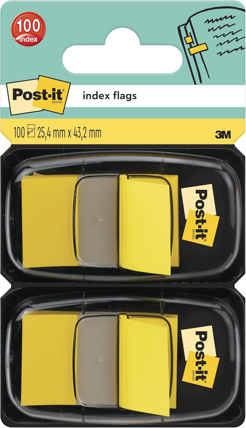 Post-it Index Flags, Medium, Yellow, 2 Dispensers 25.4 mm x 43.2 mm, 100 Flags - To Mark, Highlight or Color Code Important Information