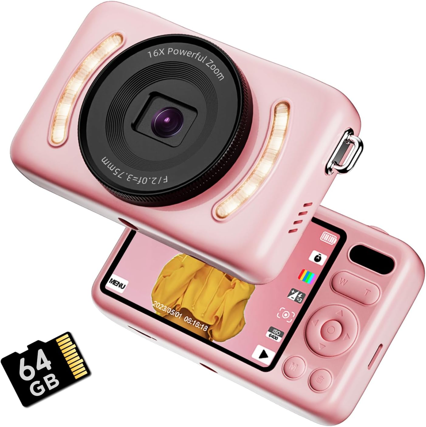 Digital Camera with 64GB Card Autofocus 2.7K 64MP Kids Camera with 16X Zoom Anti Shake, 2.8-inch HD screen, Compact Portable Small Point and Shoot Digital Cameras Gift for Kid Student Teen Girl Boy