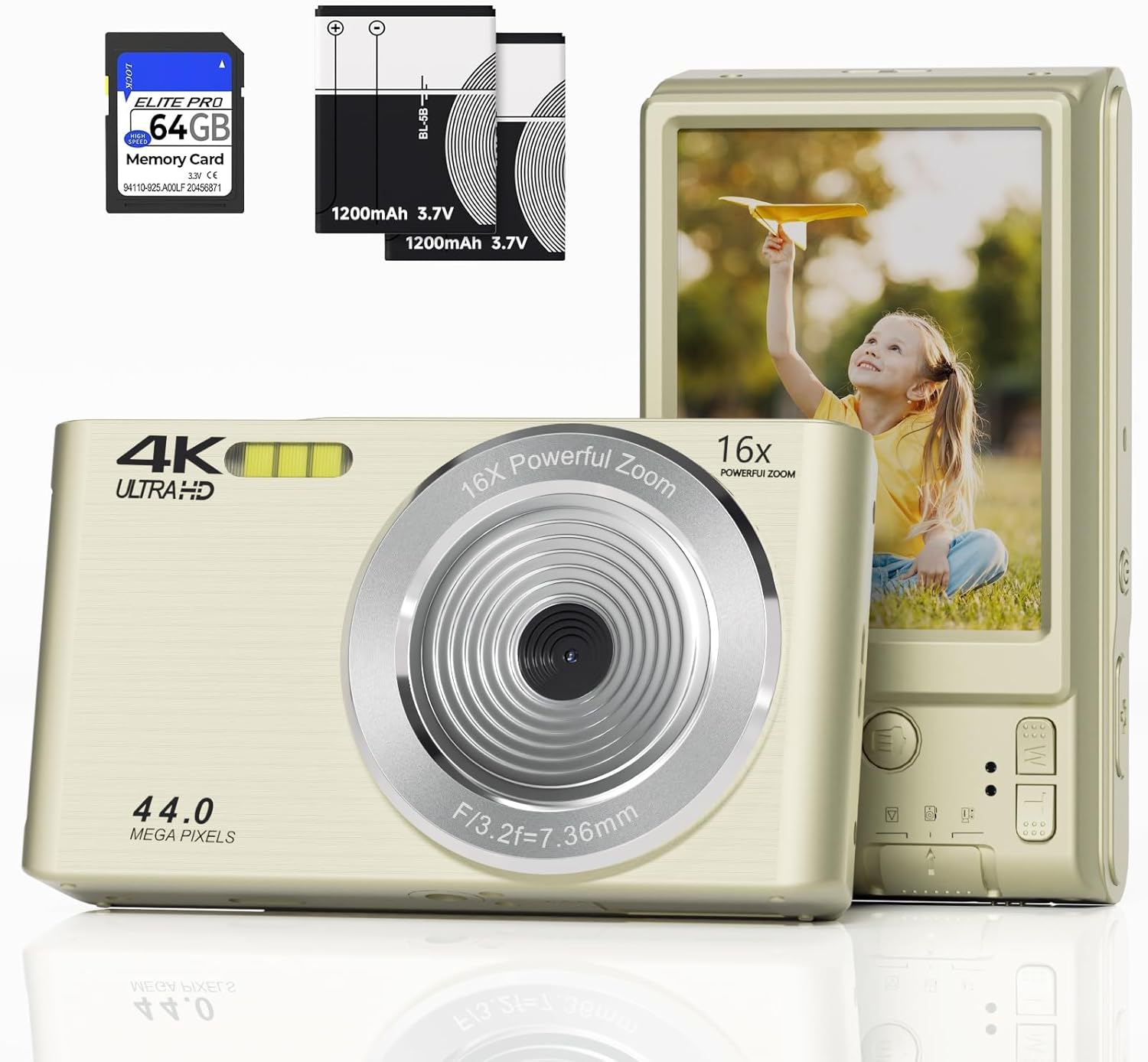 Digital Camera FHD 4K 44MP with 64GB SD Card 16X Digital Zoom 2024 Digital Cameras FHD 1080P Cheap Simple Compact Portable Small Camera with Memory Card Gifts for Teens Boys Girls Kids (Cream)