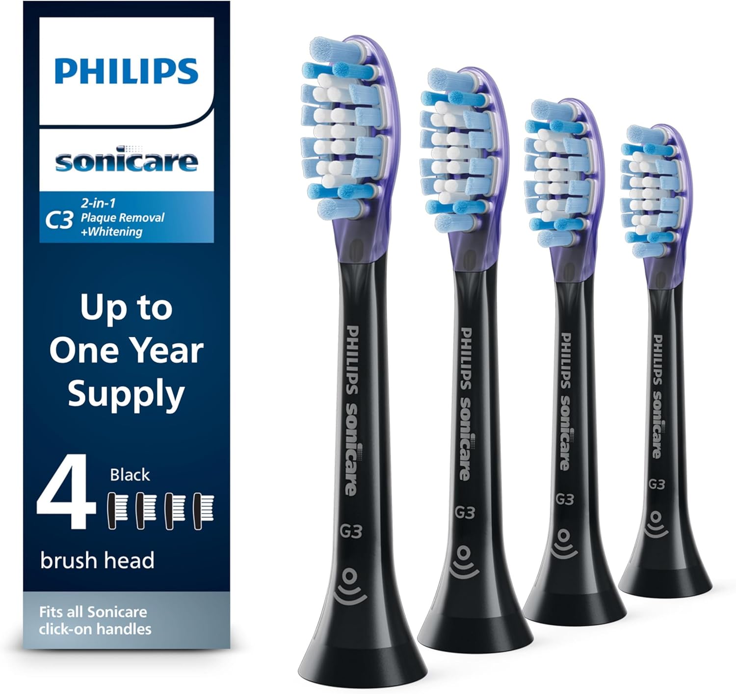 Philips Sonicare Genuine C3 Premium Plaque Control Toothbrush Heads, One Year Supply, 4 Brush Heads, Black, HX9044/95