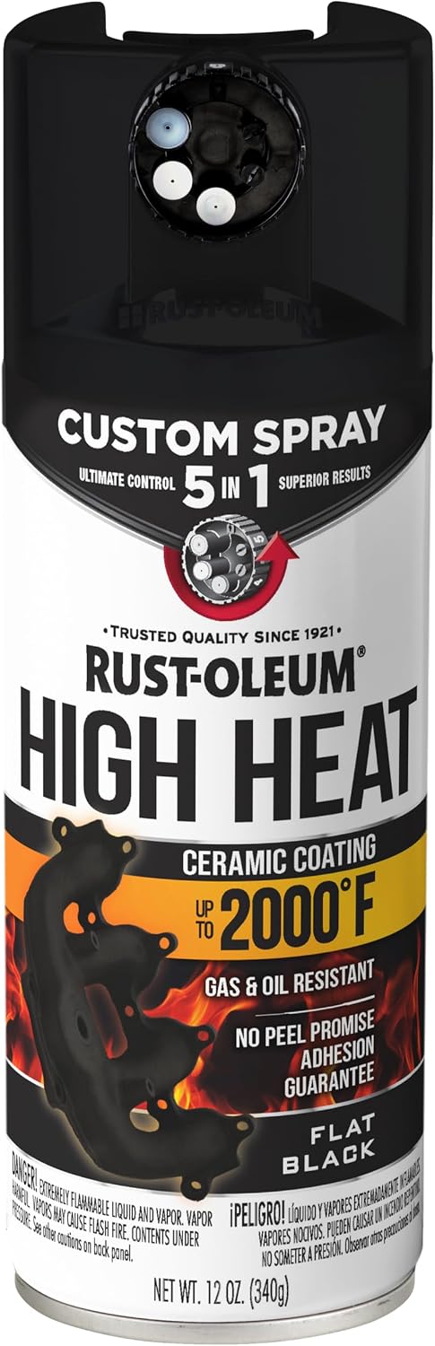 Rust-Oleum High Heat 5-in-1 Spray Paint, Flat Black | 5 Spray Patterns | Heat Resistant to 2000 F | Ceramic Formula | Gas & Oil Resistant | Stops Rust Formula | Any-Angle Spray