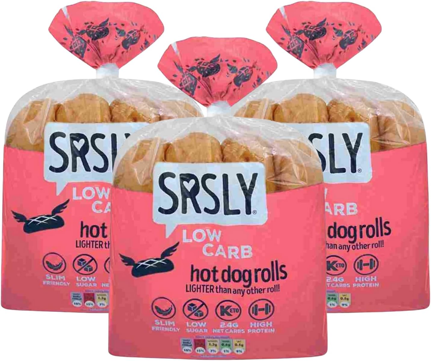 SRSLY Low Carb White Hot Dog Rolls x4-2.4g Carbs Per Roll, High Protein & High Fibre - Soft & Fluffy Bakery-Style Rolls - Freshly Baked & Freezer Friendly - Pack of 3