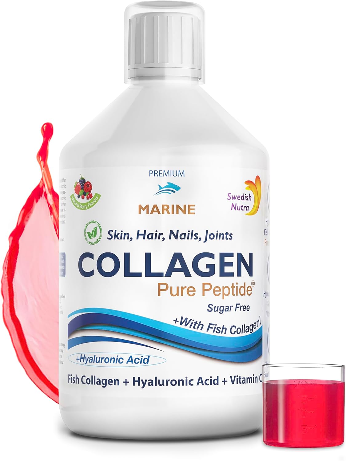Swedish Nutra Hydrolyzed Marine Collagen Liquid Supplement - 500 ml, 20 Day Supply | Pure Peptide & Vitamins for Healthy Hair, Skin, Nails & Joints I 100% Natural Berry Flavour | for Men & Women