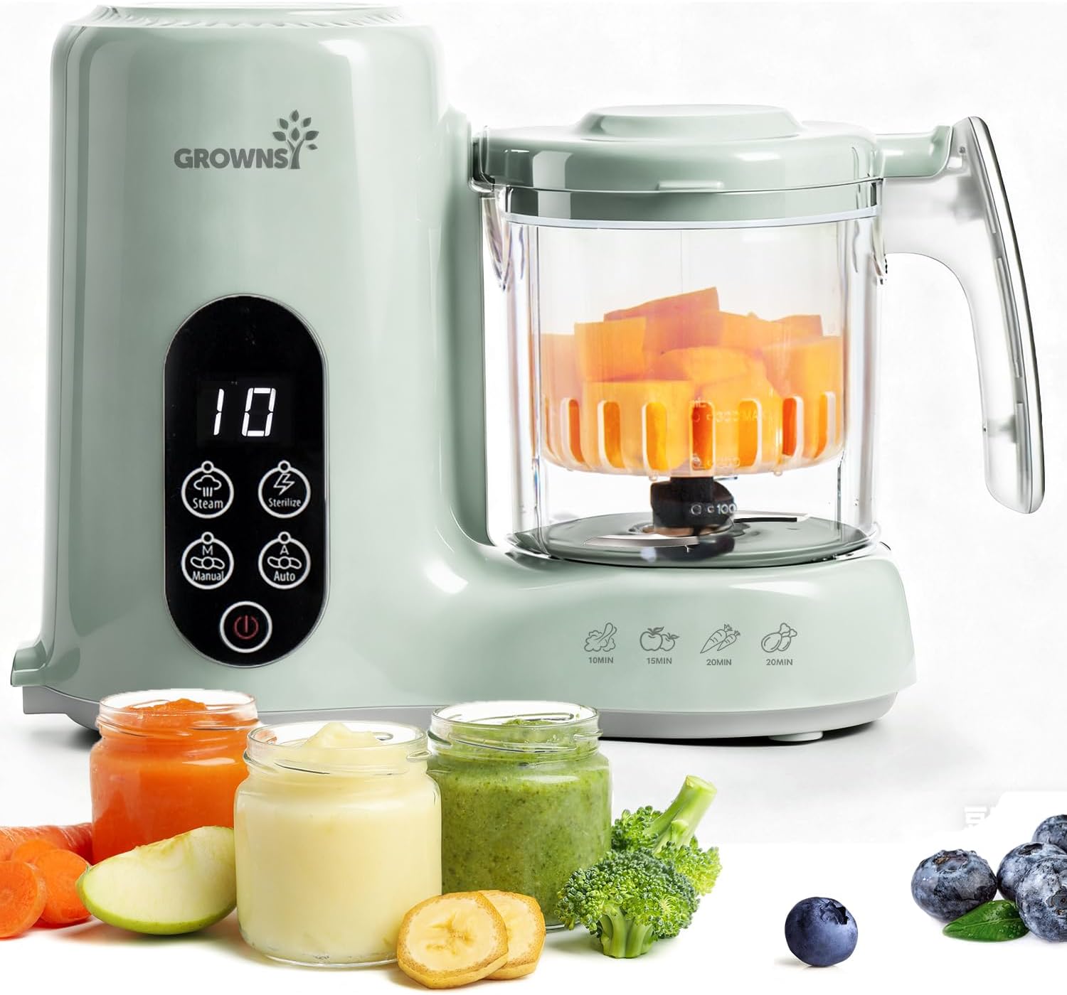 Grownsy Baby Food Maker with Steam Basket, One Step Baby Food Processor Steamer Puree Blender Grinder Mills Machine, Auto Cooking Grinding and Sterili-zing for Healthy Homemade Baby Food, Green