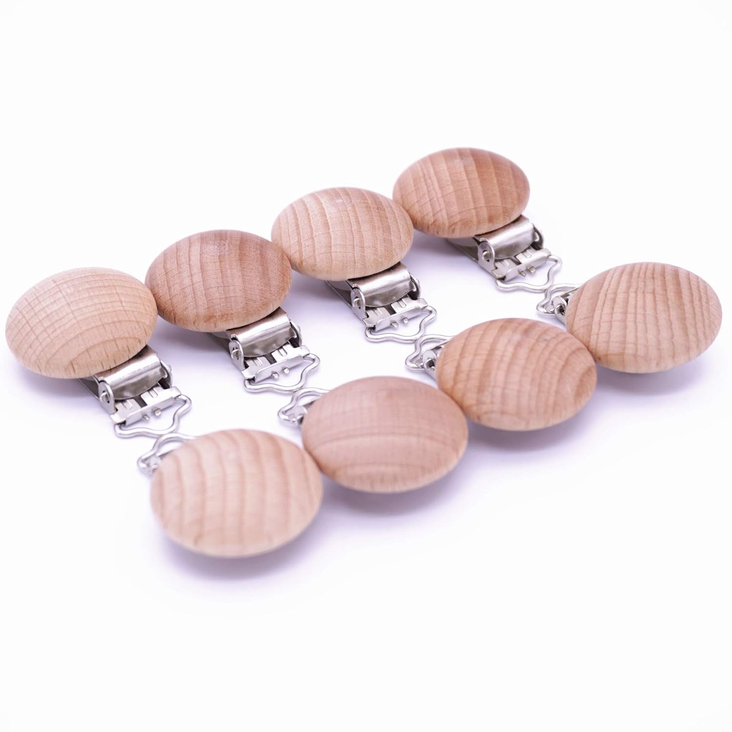 10Pcs 30mm (1.18") Natural Wood Pacifier Holder Round Beech Metal Wooden Pacifier Clip Suspender Clips DIY Pacifier Chain Accessories