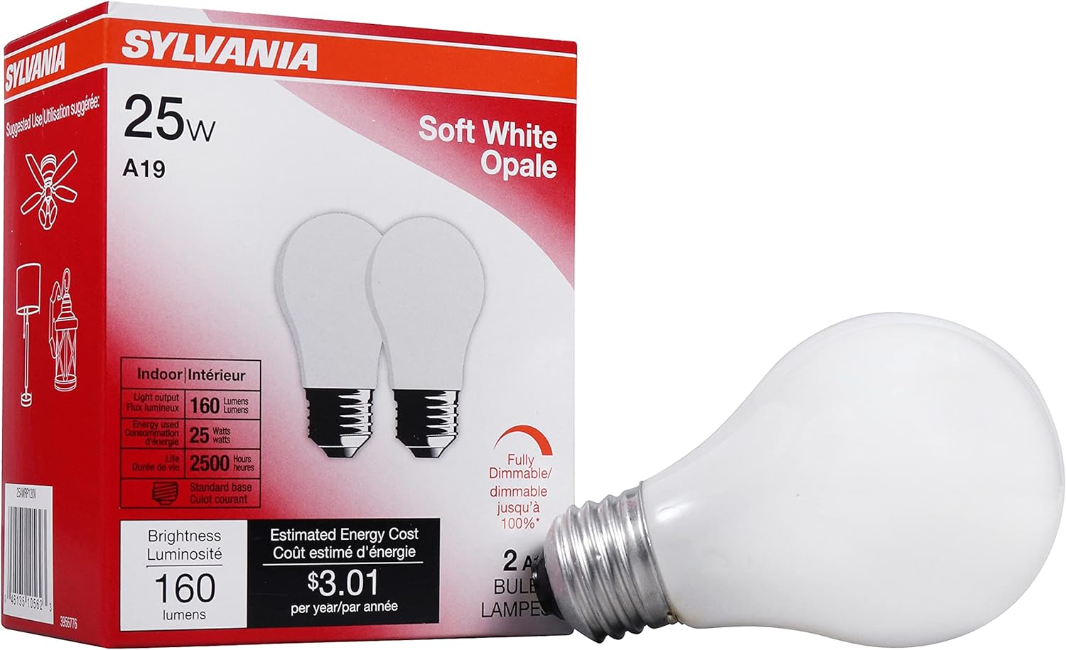 SYLVANIA Incandescent Light Bulb, 25W A19, Dimmable, Medium Base, 160 Lumens, 2850K, Soft White - 2 Count(Pack of 1)(10562)