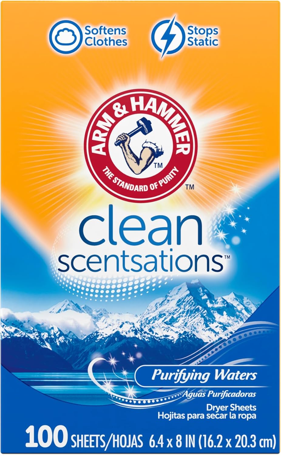 ARM & HAMMER Fabric Softener Sheets, 100 sheets, Purifying Waters