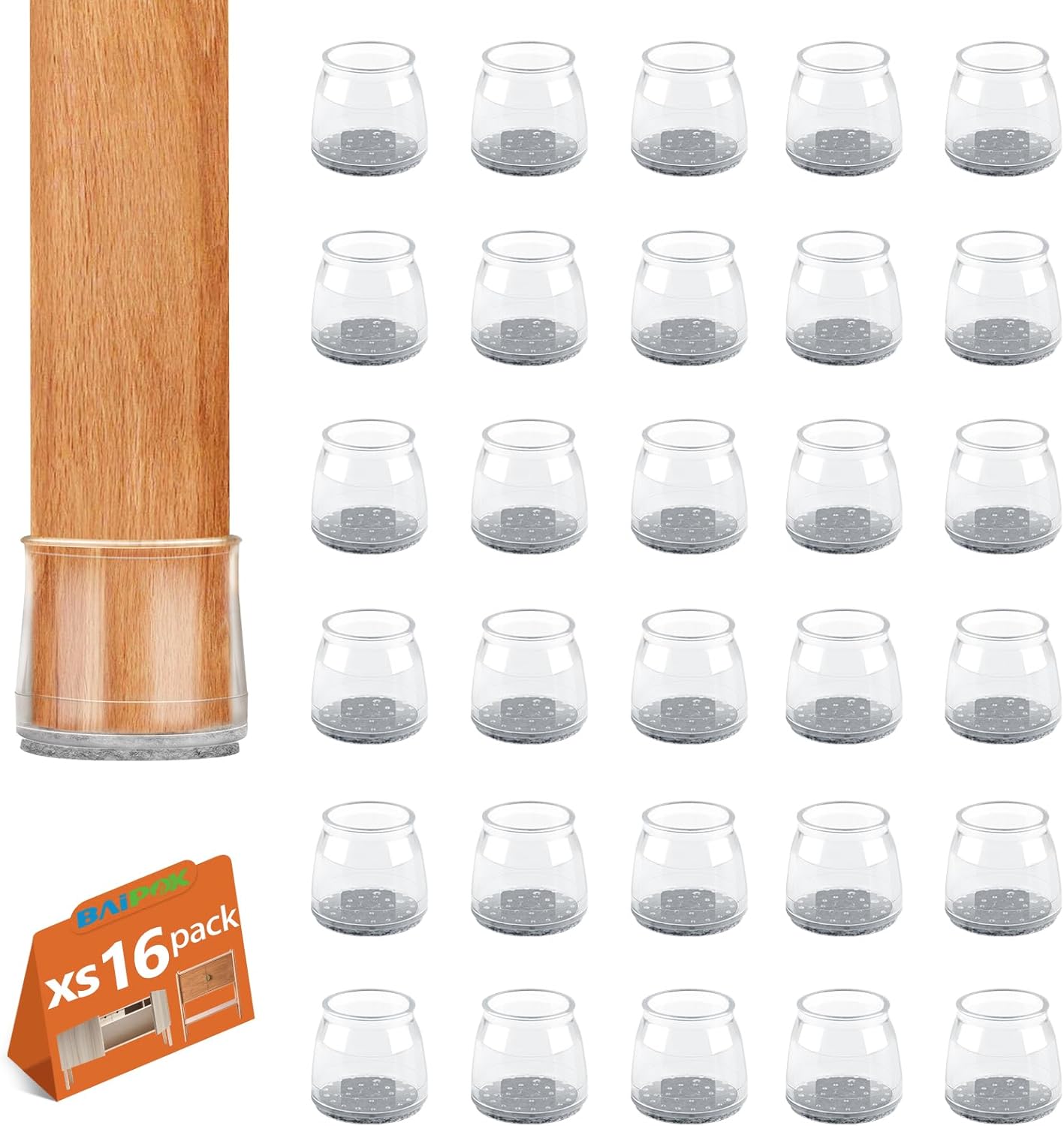 16Pcs Chair Floor Leg Protectors, BAIPOK Silicon Chair Leg Caps for Hardwood Floors, Rubber Chair Leg Caps With Stronger Felt Pads,Furniture Feet Protectors, No Noise No Scratches