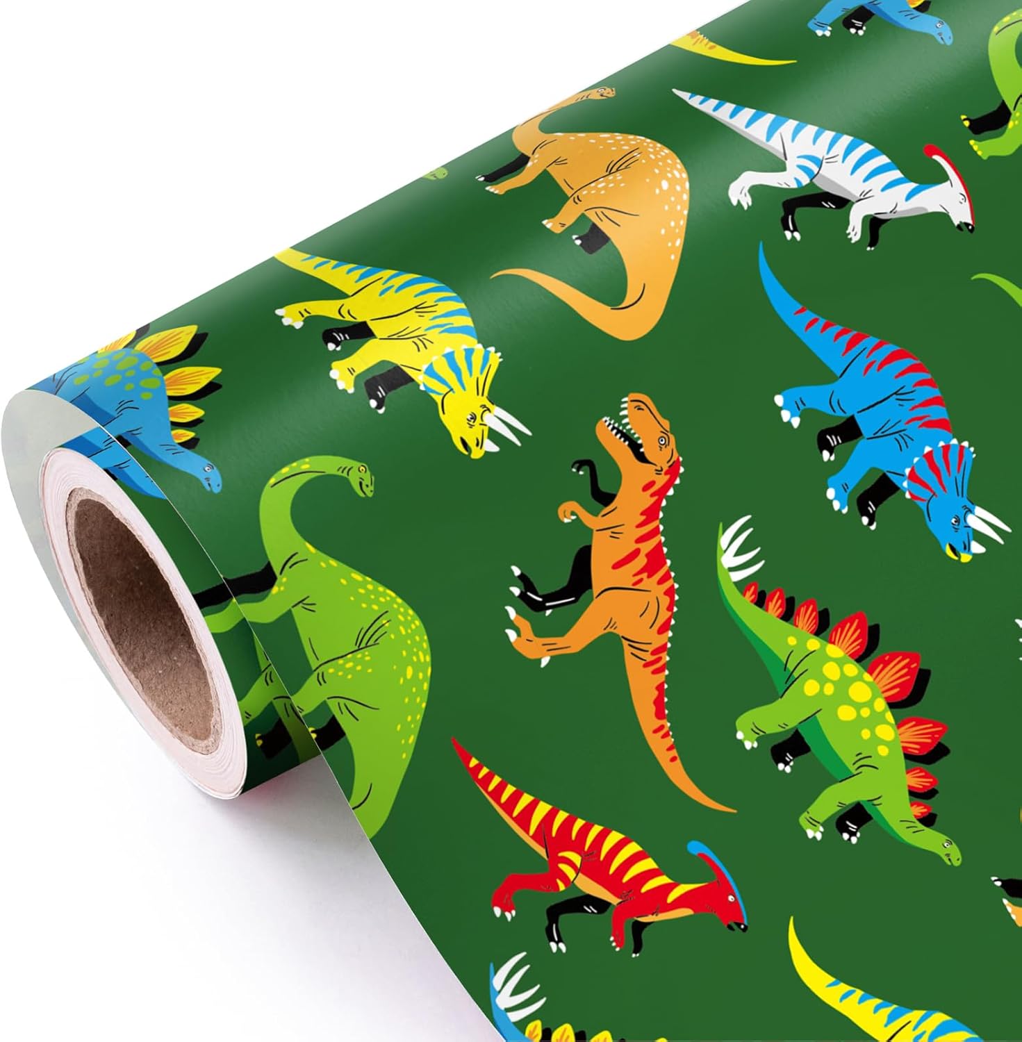 WRAPAHOLIC Dinosaur Wrapping Paper Roll - Mini Roll - 17 Inch x 9.8 Feet - Green Dinosaur Design, Perfect for Girl Kids Boy Birthday, Baby Shower, Dinosaur Party, Dinosaur Lovers