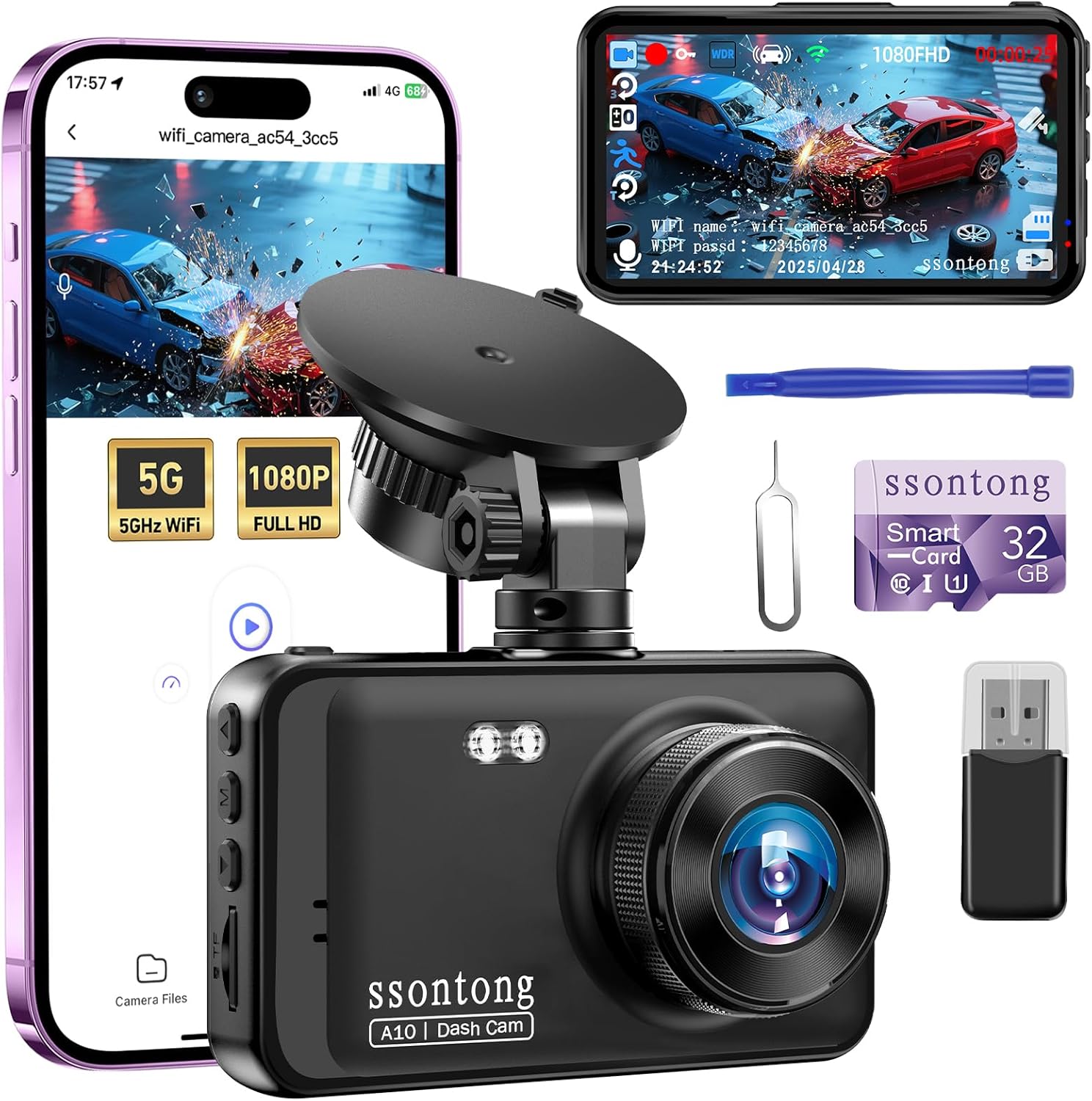 Car Dash Cam, WiFi/APP Control Dash Cam 1080P Dashcam 3" IPS Dash Camera with 32GB Card Car Camera with Night Vision, 170°Wide Angle Dash-cam Loop Recording G-sensor Motion Detection Parking Mode