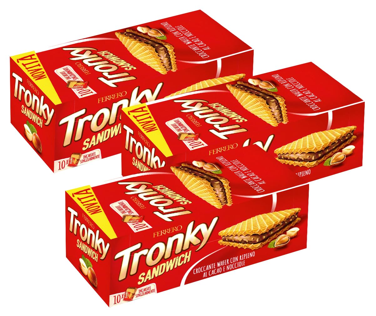 3X Croccante Wafer con Ripieno al Cacao e Nocciola, confezione per tronky Sandwich 220g