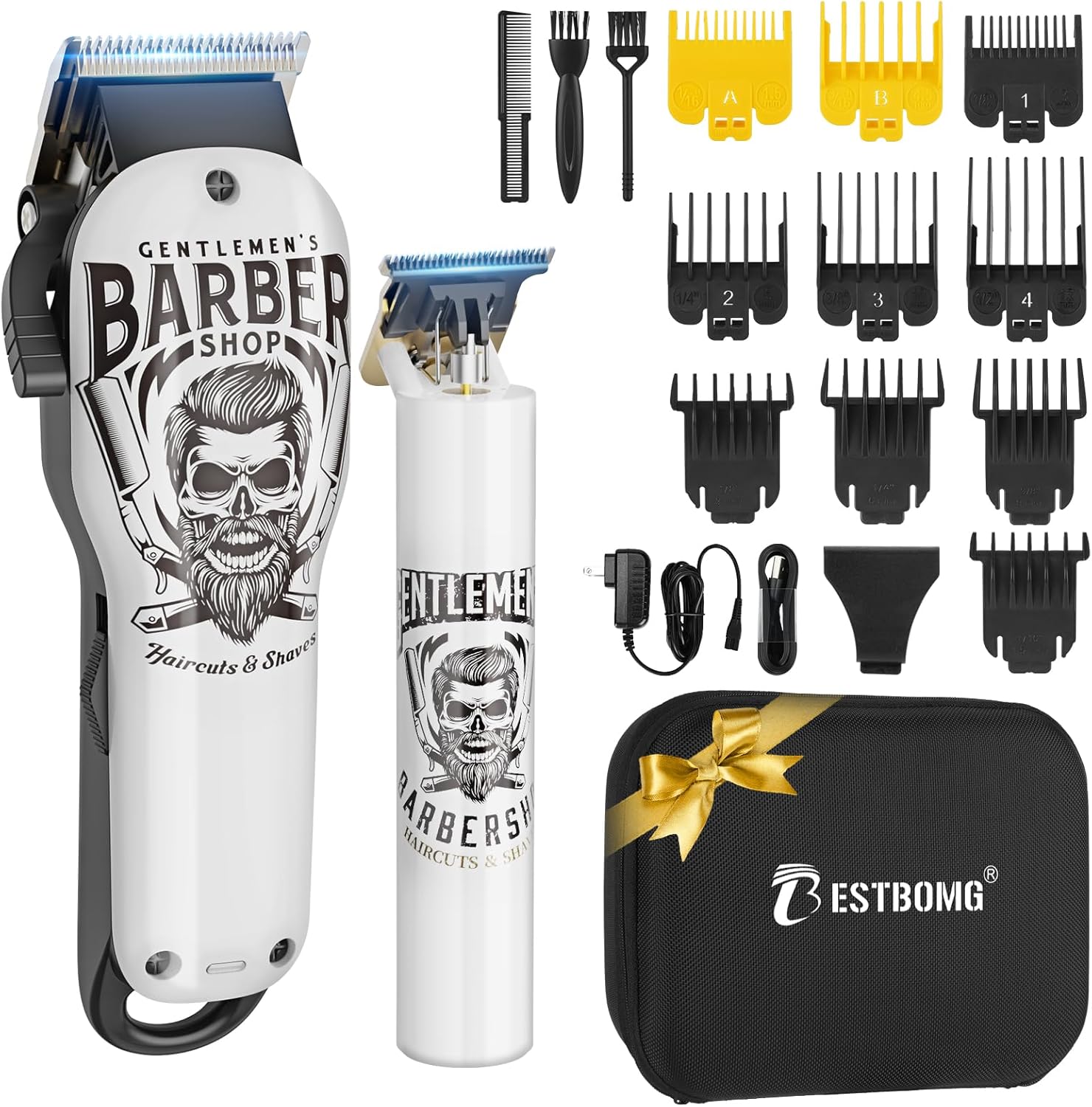 BESTBOMG® Hair Clippers & Trimmer Ceramic T-Blade Cordless Haircut Sets Rechargeable 2000mAh/1200mAh with 10 Guide Combs & for Men/Father/Husband/Boyfriend