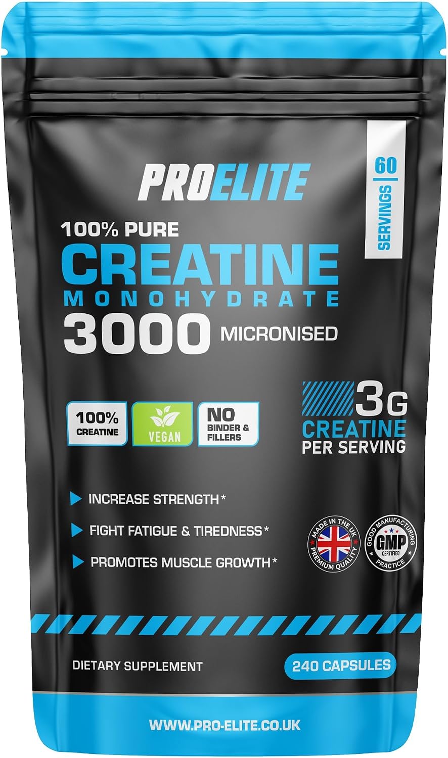 Creatine Capsules x 240 Vegan 3000mg of Unflavoured Creatine Monohydrate per Serving, NO FILLERS & Binders Micronised Pure Creatine Tablets Alternative by PROELITE