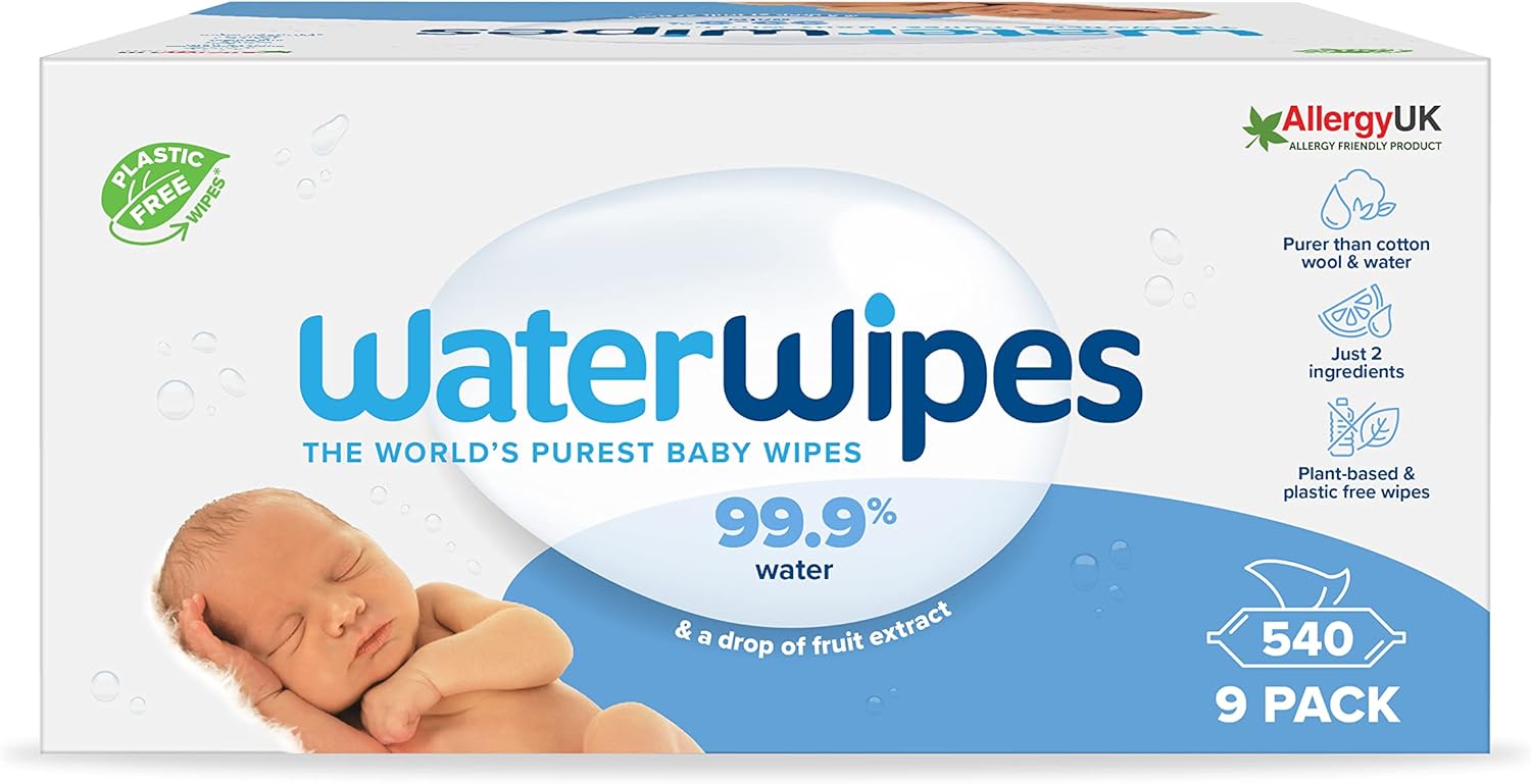 WaterWipes Baby Wipes 9x60 Pack Sensitive Newborn Biodegradable Unscented, 99.9% water (540 Wet Wipes), White (Packaging may vary)