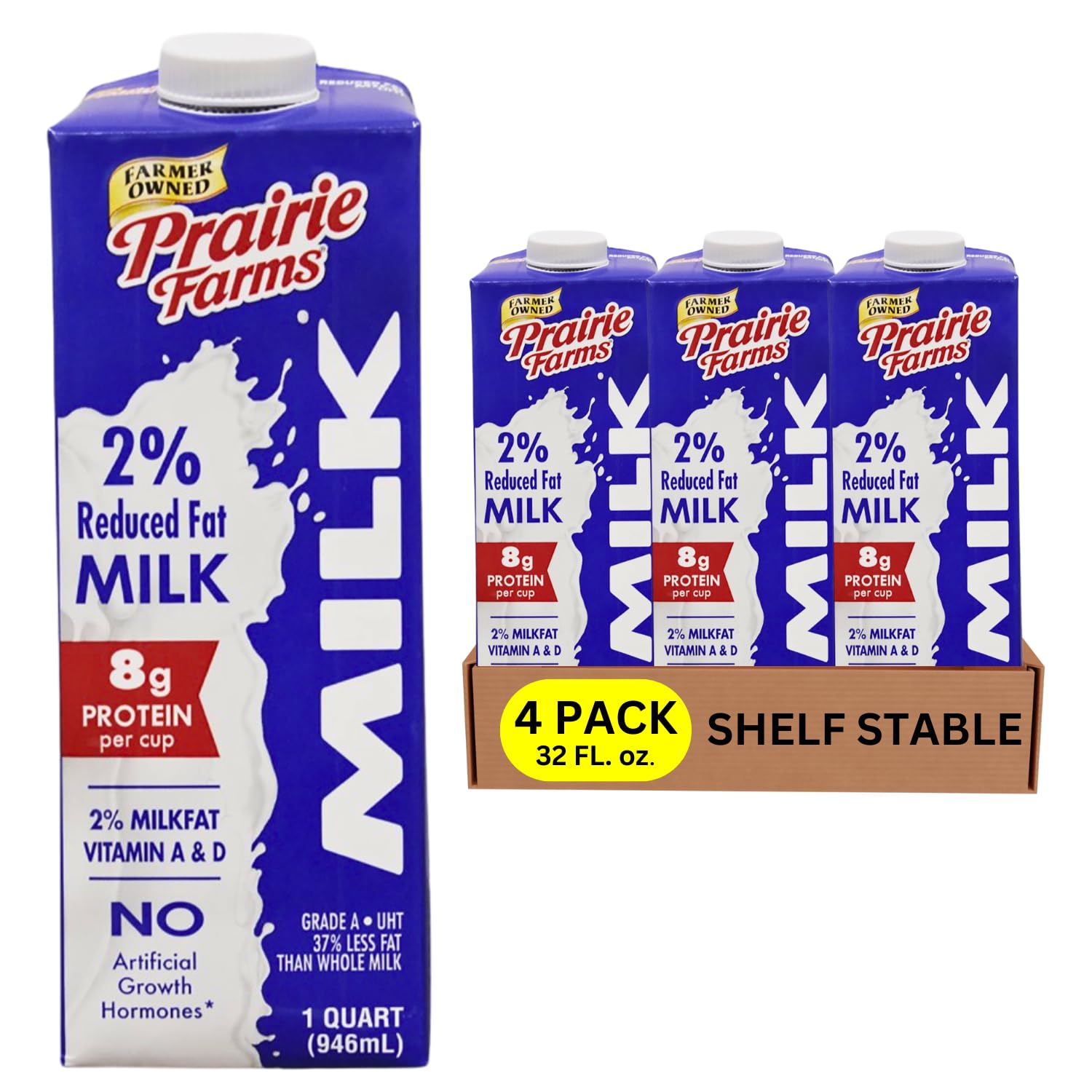 Prairie Farms Milk 2% Percent, Shelf Stable, Reduced Fat, Boxed & Ulta Pasteurized (UHT), Vitamin D White Milk - Preservative and Hormone Free, Gluten Free, Kosher, Made in USA - 1 Quart (4 Pack)