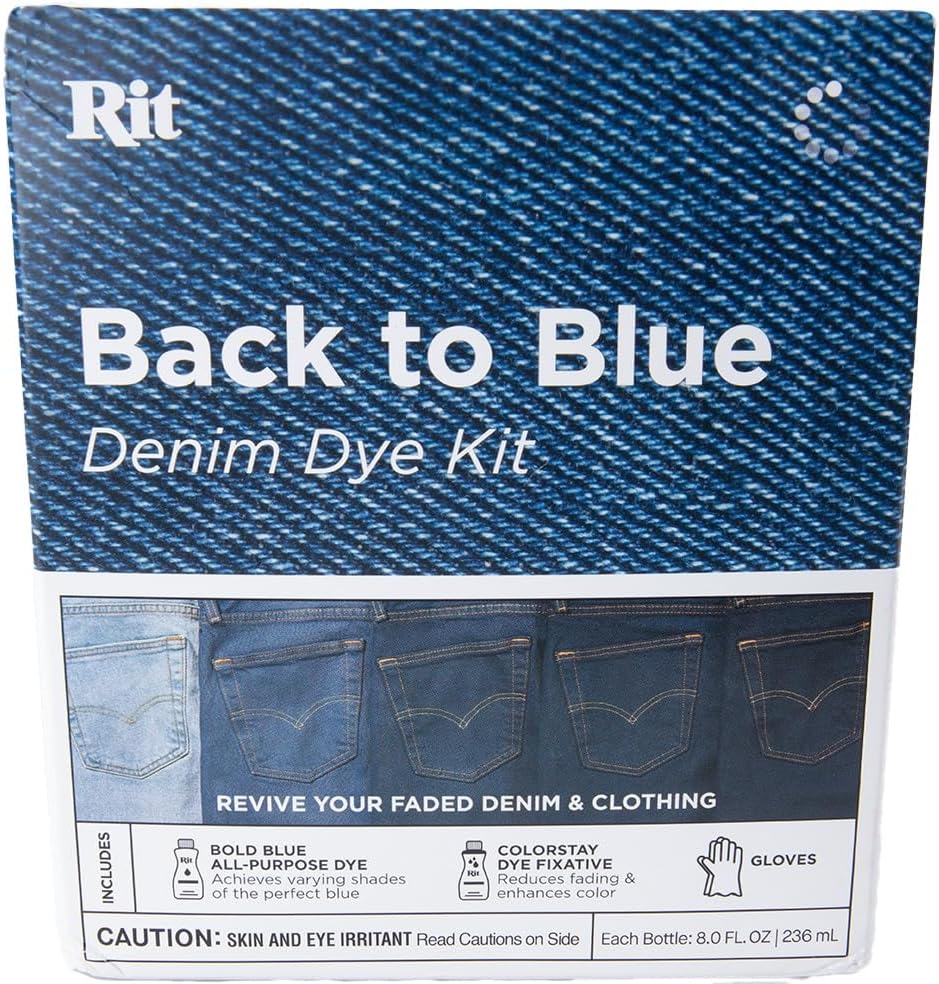 Rit Dye Back to Blue Kit – Includes Bold Blue All Purpose Dye, ColorStay Dye Fixative, & Gloves – Restore Faded Fabrics