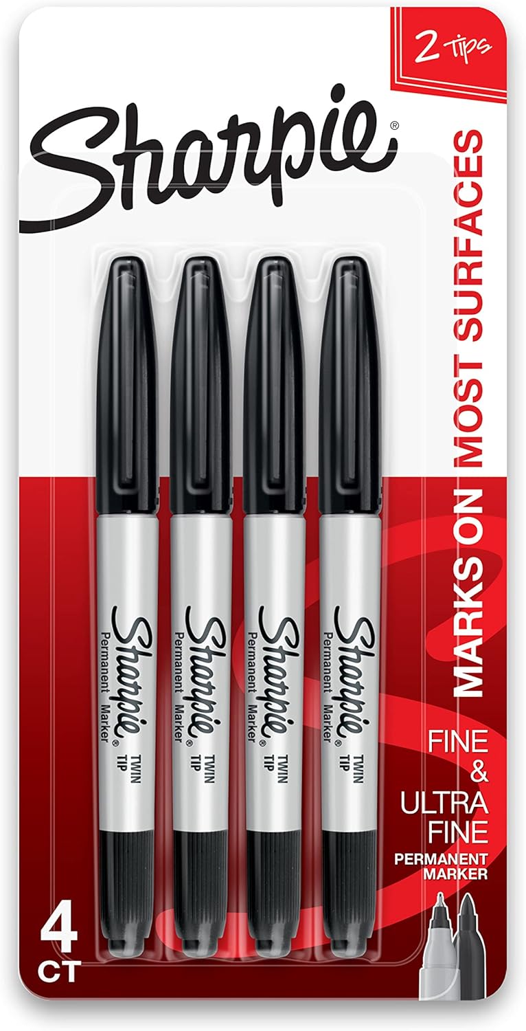 Sharpie Twin Tip Permanent Markers, Fine and Ultra Fine, Black, 4 Count