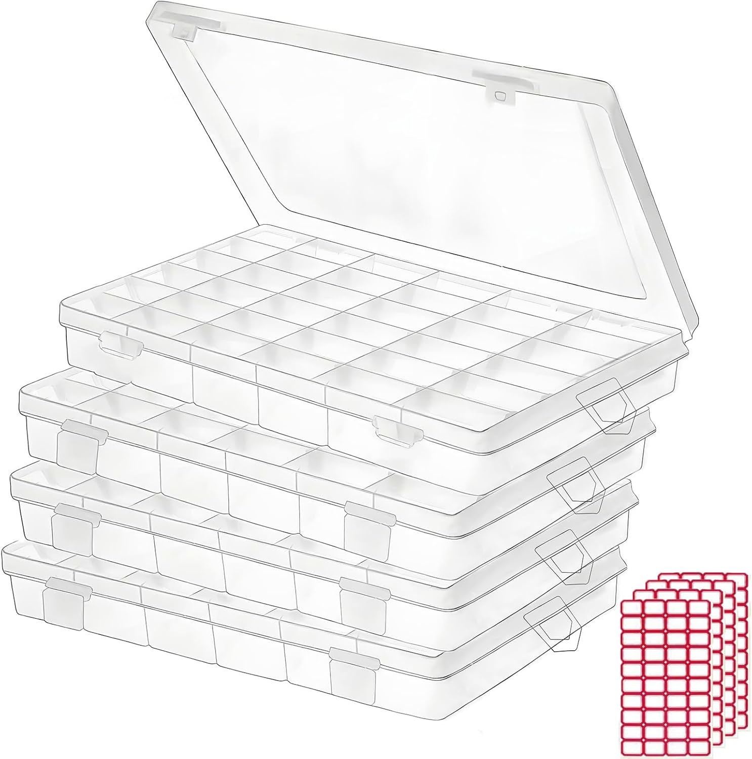 4pack 36 Grids Plastic Clear Organizer Box Bead Storage Containers with Adjustable Dividers for Craft Jewelry Fishing Tackles Parts Storage with 4 Sheets Label Stickers