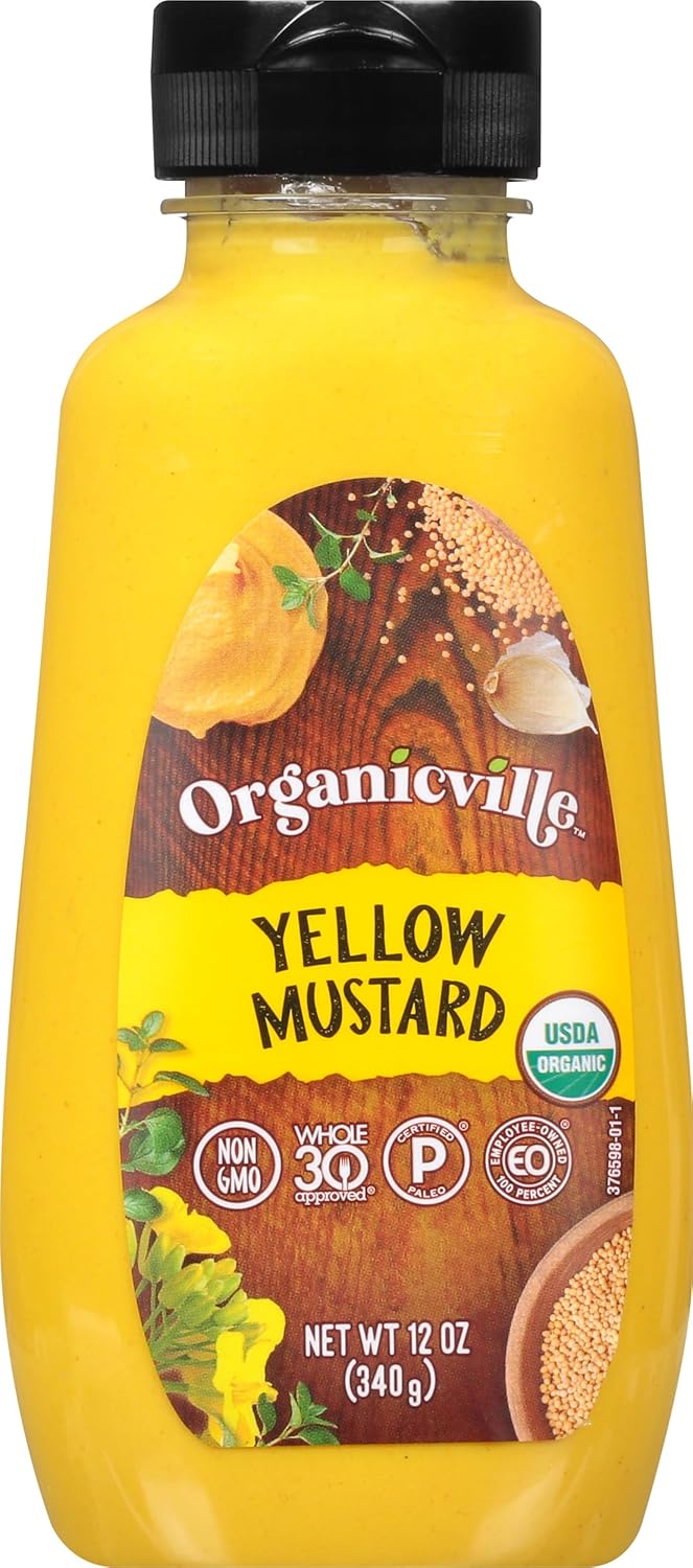 Organicville Yellow Mustard - Mustard Yellow Organic, Yellow Mustard, Vegan, Gluten Free, USDA Organic, Non-GMO, Paleo, Whole 30, Keto-Friendly Mustard - 12 Oz